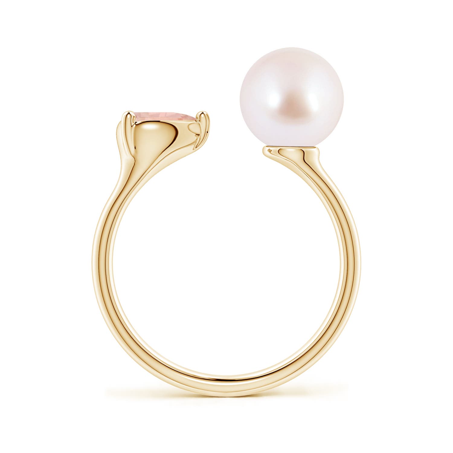 8mm AAA Akoya Pearl and Horizontal Pear Morganite Open Ring in Yellow Gold