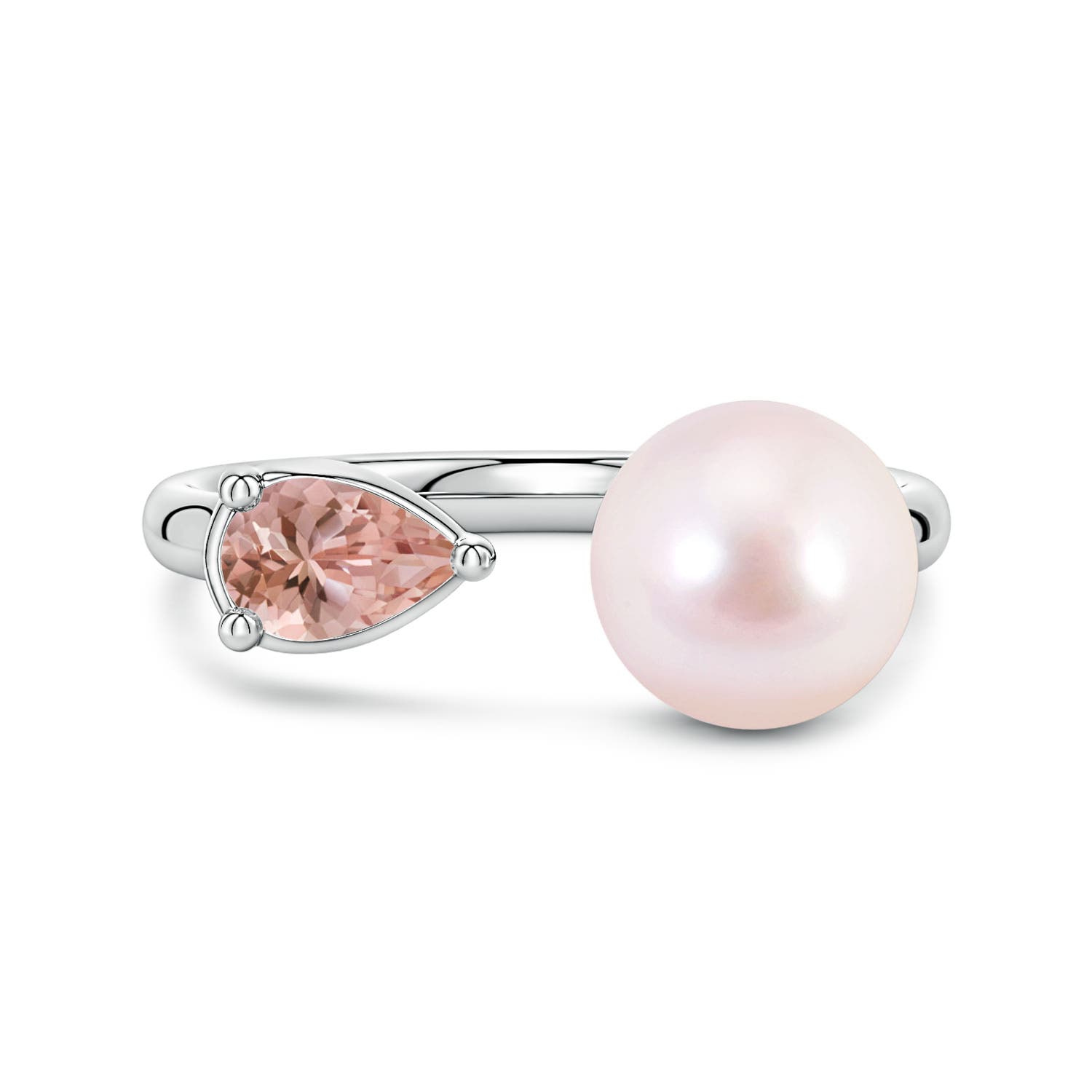 8mm AAAA Akoya Pearl and Horizontal Pear Morganite Open Ring in 18CT White Gold