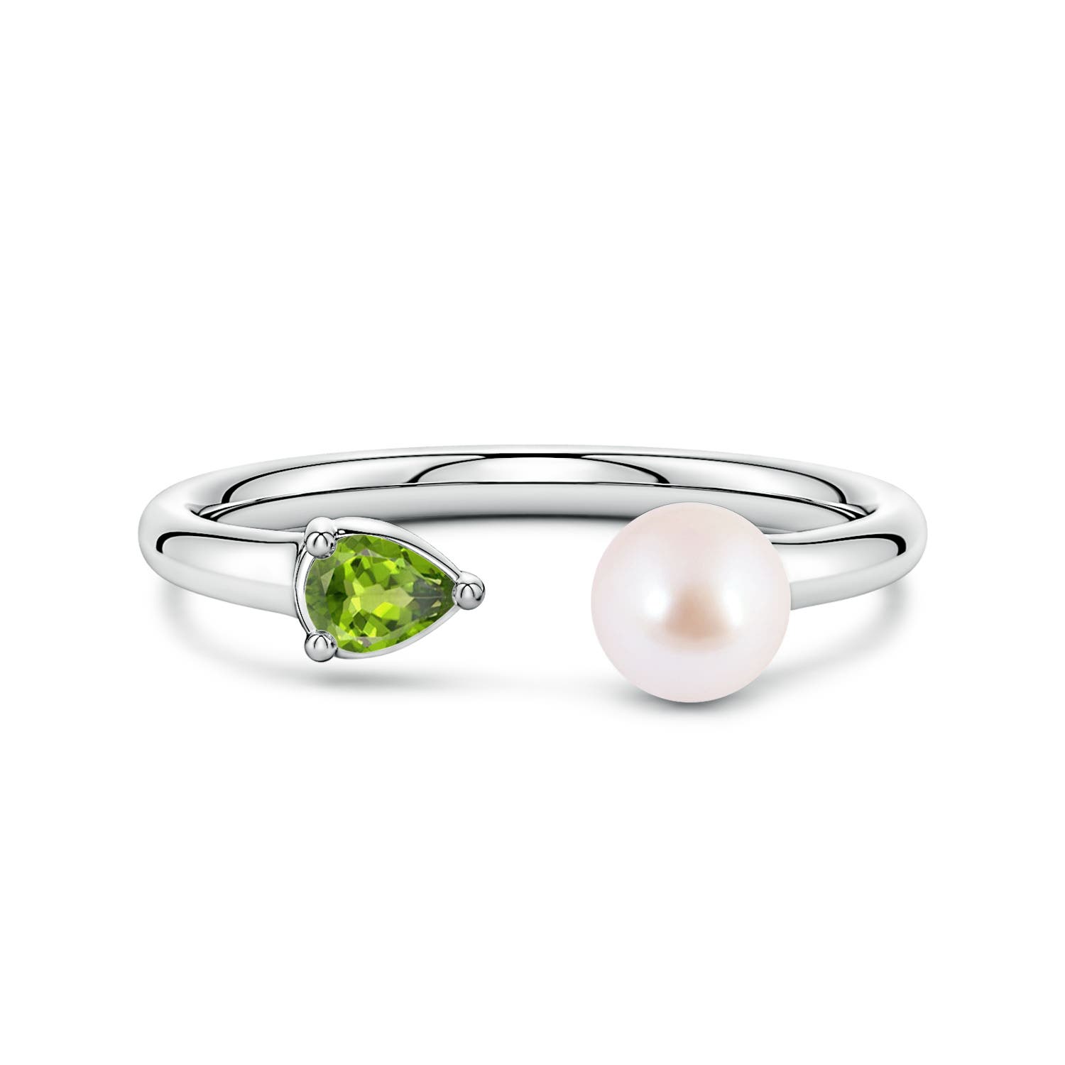 6mm AAA Akoya Pearl and Horizontal Pear Peridot Open Ring in 18CT White Gold