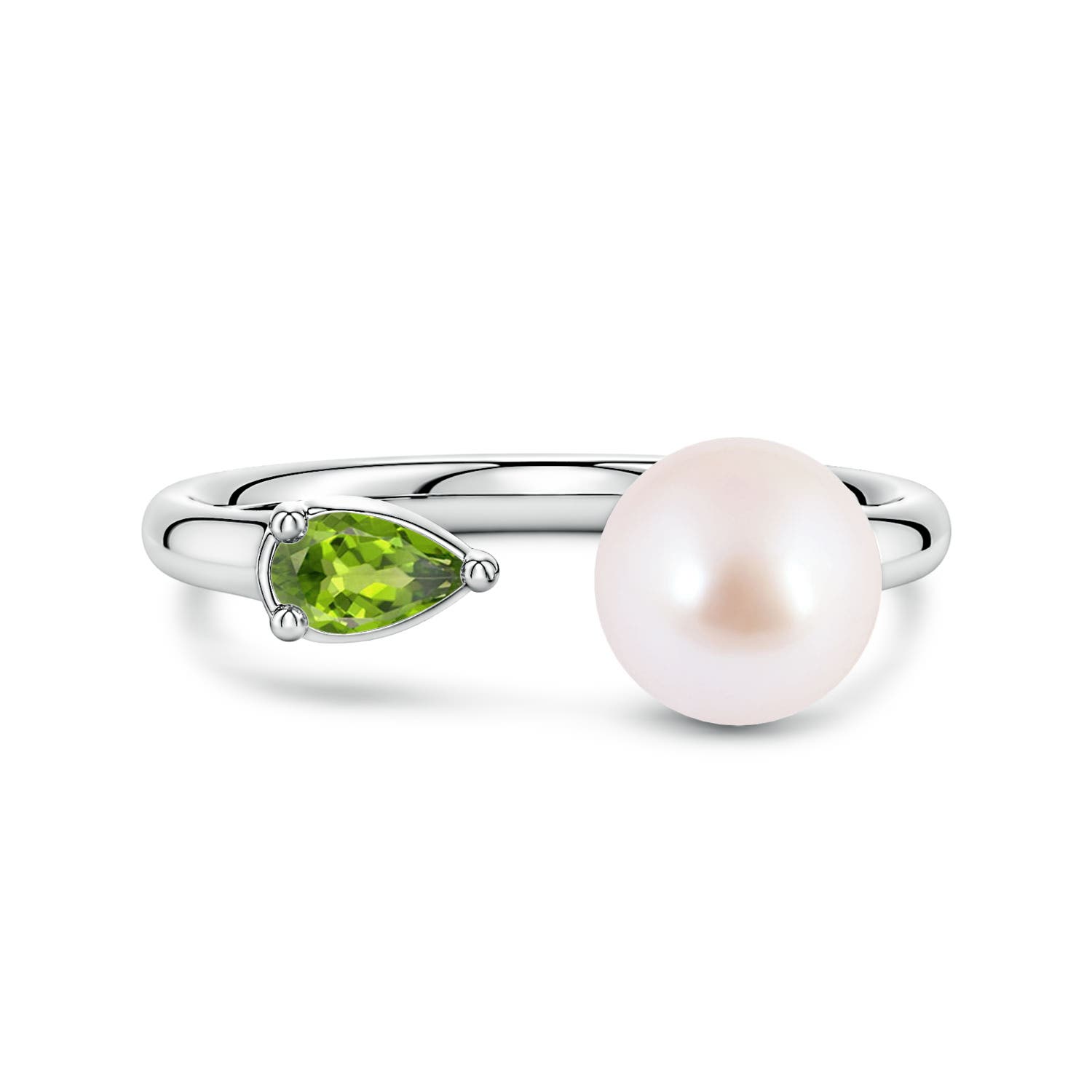 7mm AAA Akoya Pearl and Horizontal Pear Peridot Open Ring in White Gold