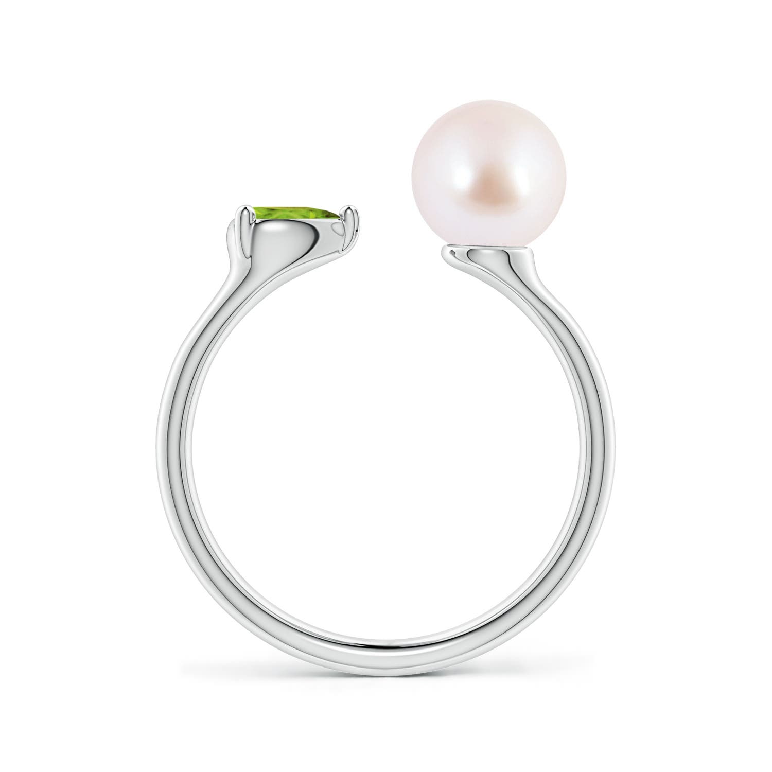7mm AAA Akoya Pearl and Horizontal Pear Peridot Open Ring in White Gold