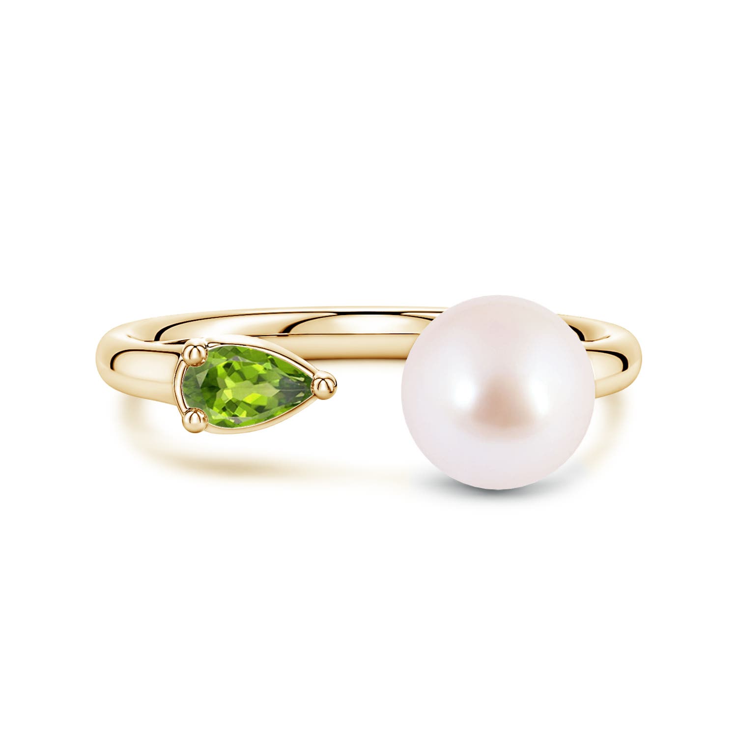 7mm AAA Akoya Pearl and Horizontal Pear Peridot Open Ring in Yellow Gold