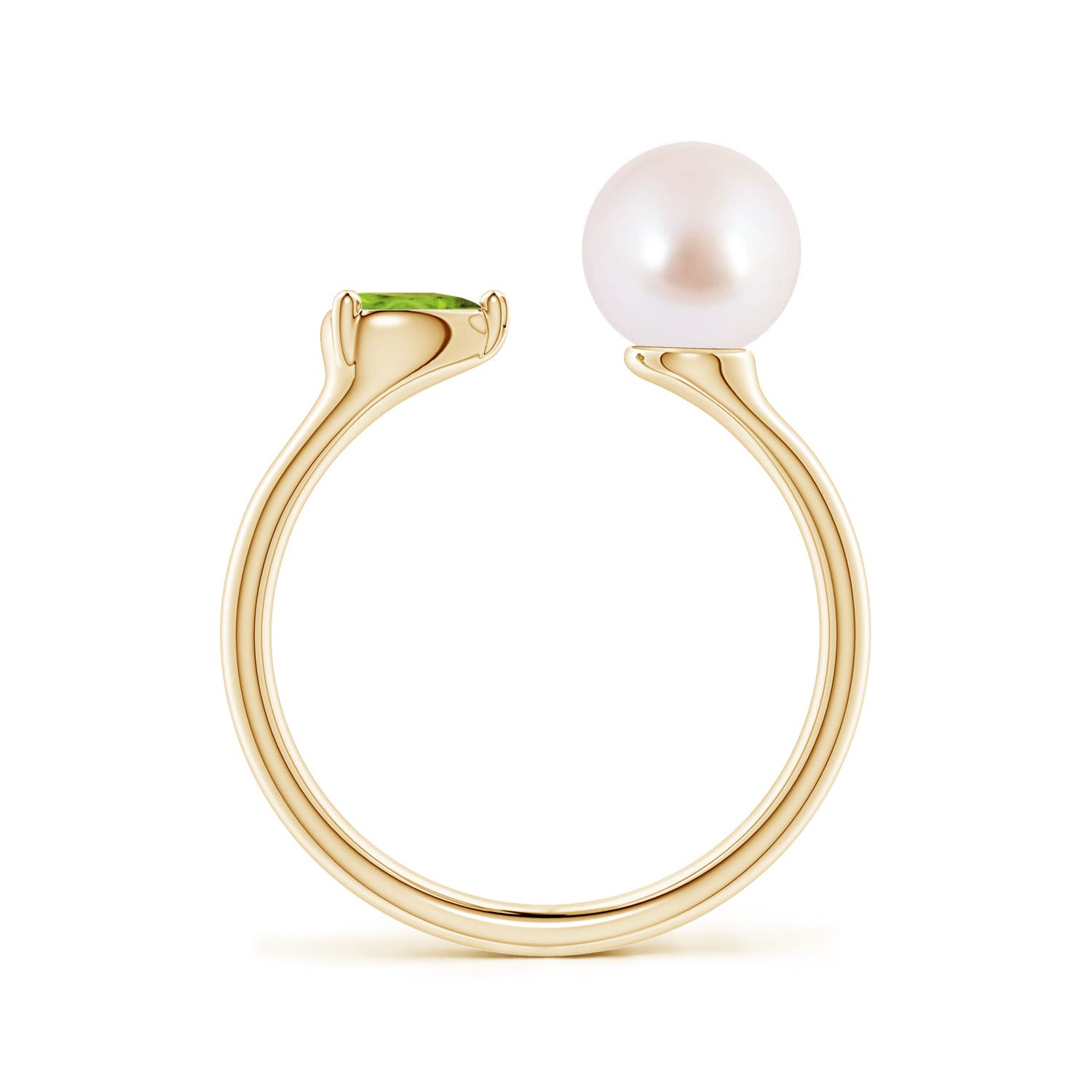 7mm AAA Akoya Pearl and Horizontal Pear Peridot Open Ring in Yellow Gold - side 2