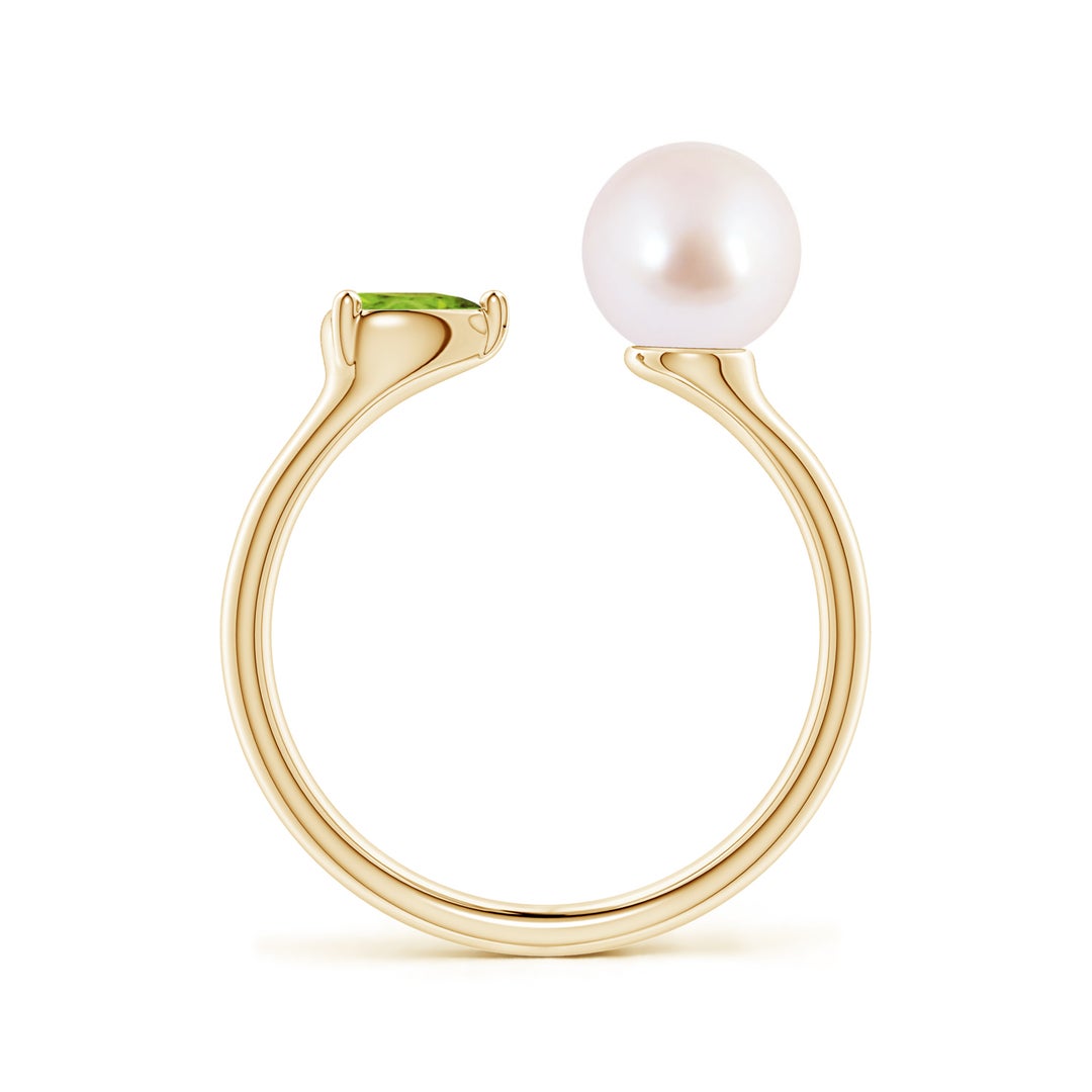 7mm AAA Akoya Pearl and Horizontal Pear Peridot Open Ring in Yellow Gold - side 2