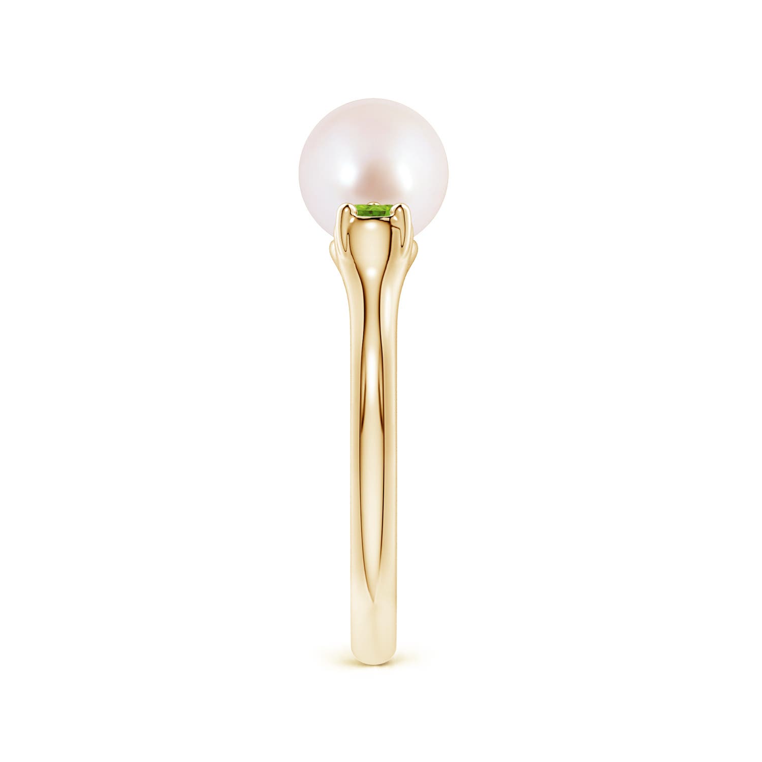 7mm AAA Akoya Pearl and Horizontal Pear Peridot Open Ring in Yellow Gold - side 3