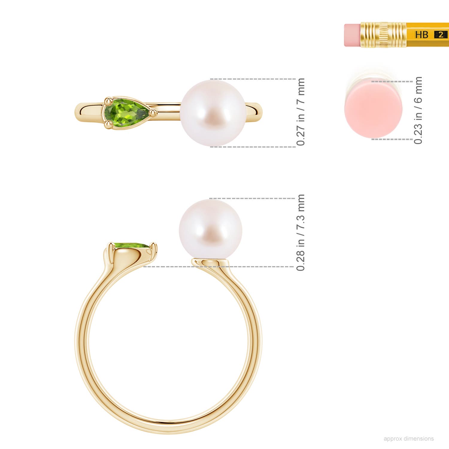 7mm AAA Akoya Pearl and Horizontal Pear Peridot Open Ring in Yellow Gold - ruler