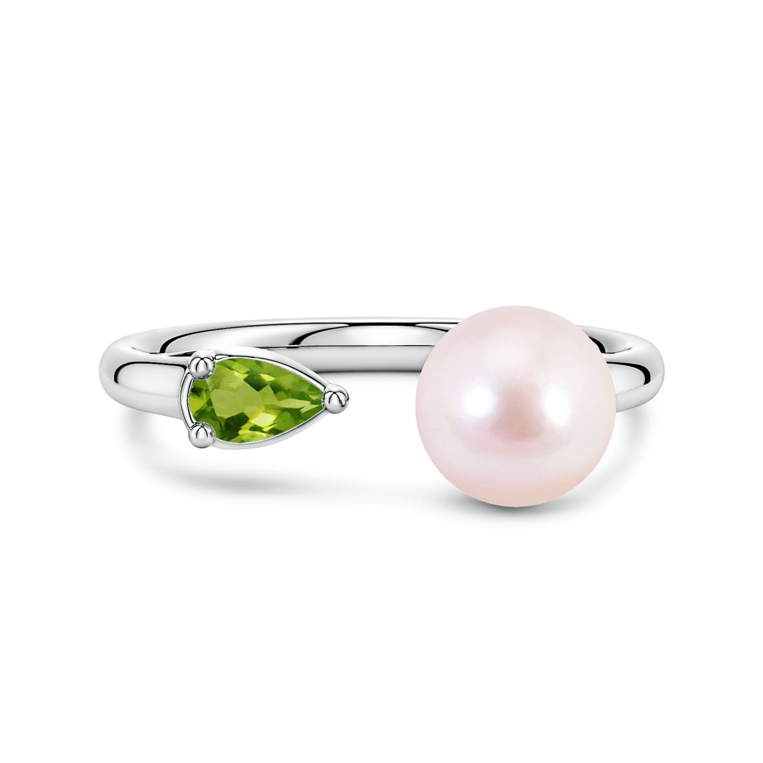 7mm AAAA Akoya Pearl and Horizontal Pear Peridot Open Ring in 18CT White Gold