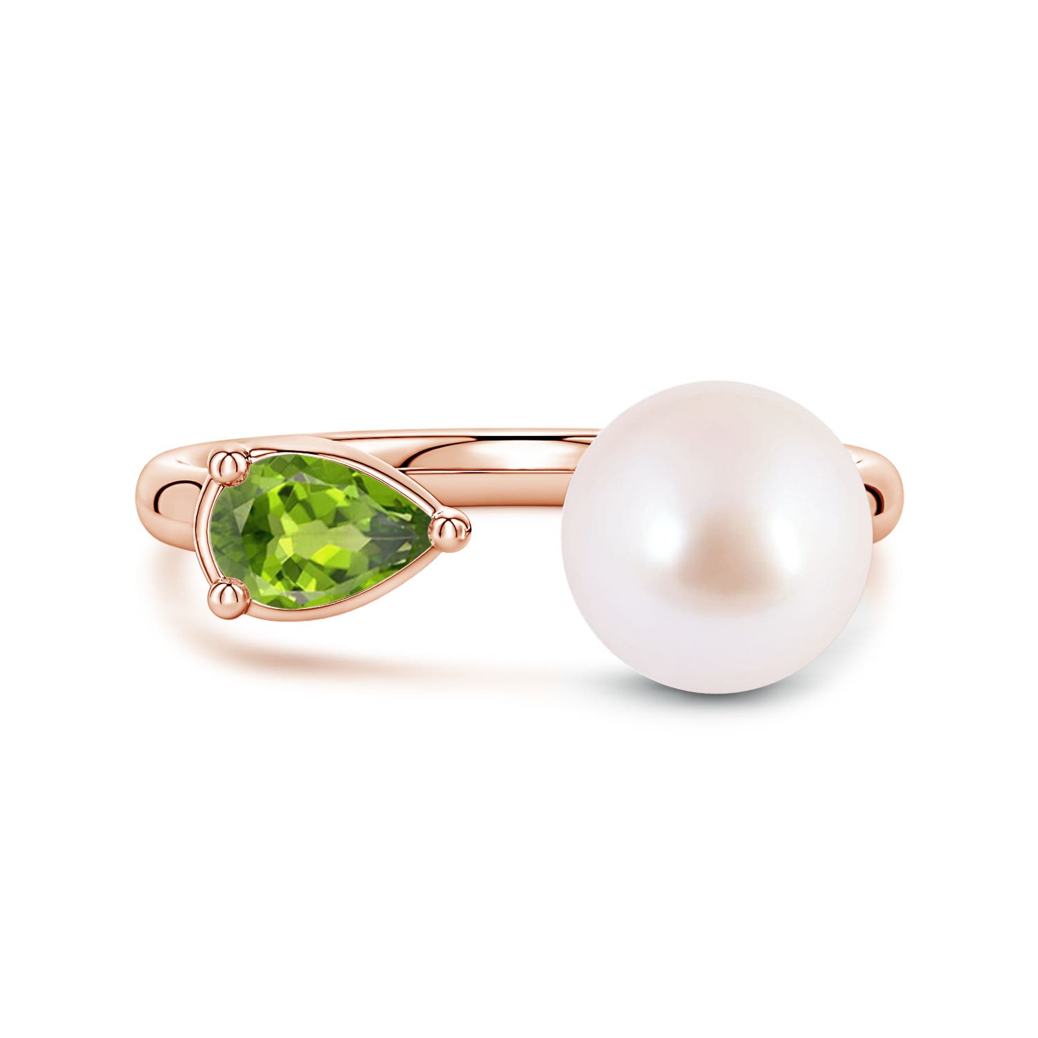 8mm AAA Akoya Pearl and Horizontal Pear Peridot Open Ring in Rose Gold