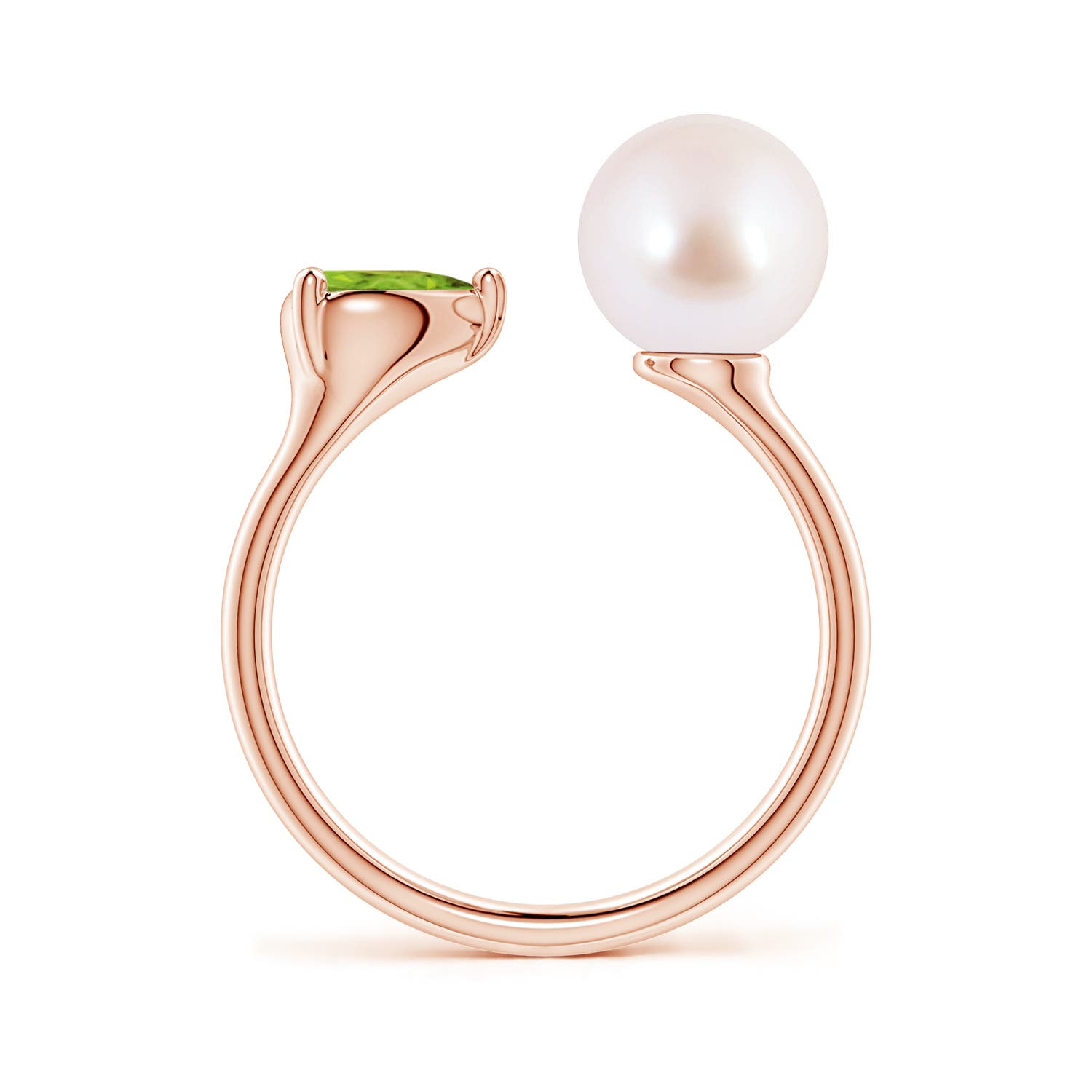 8mm AAA Akoya Pearl and Horizontal Pear Peridot Open Ring in Rose Gold