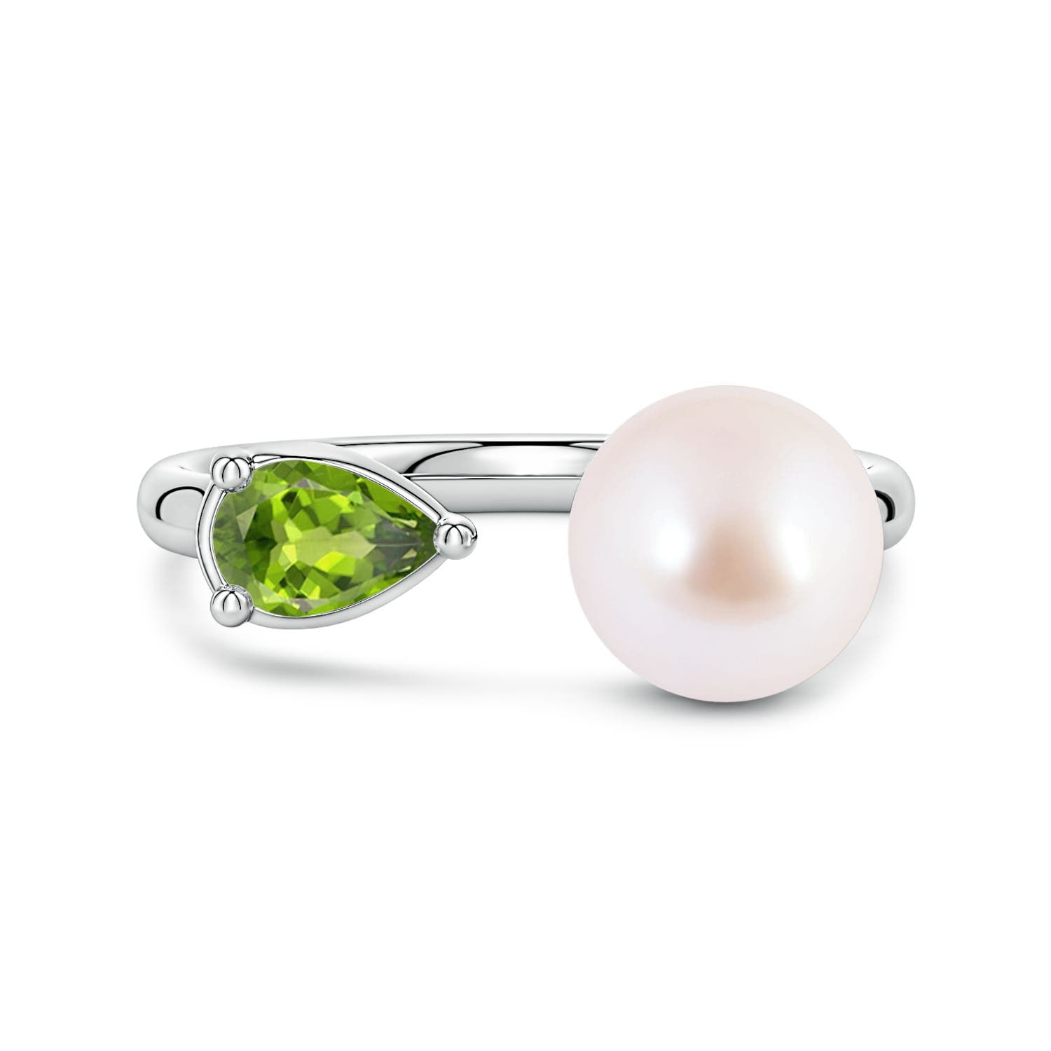 8mm AAA Akoya Pearl and Horizontal Pear Peridot Open Ring in White Gold