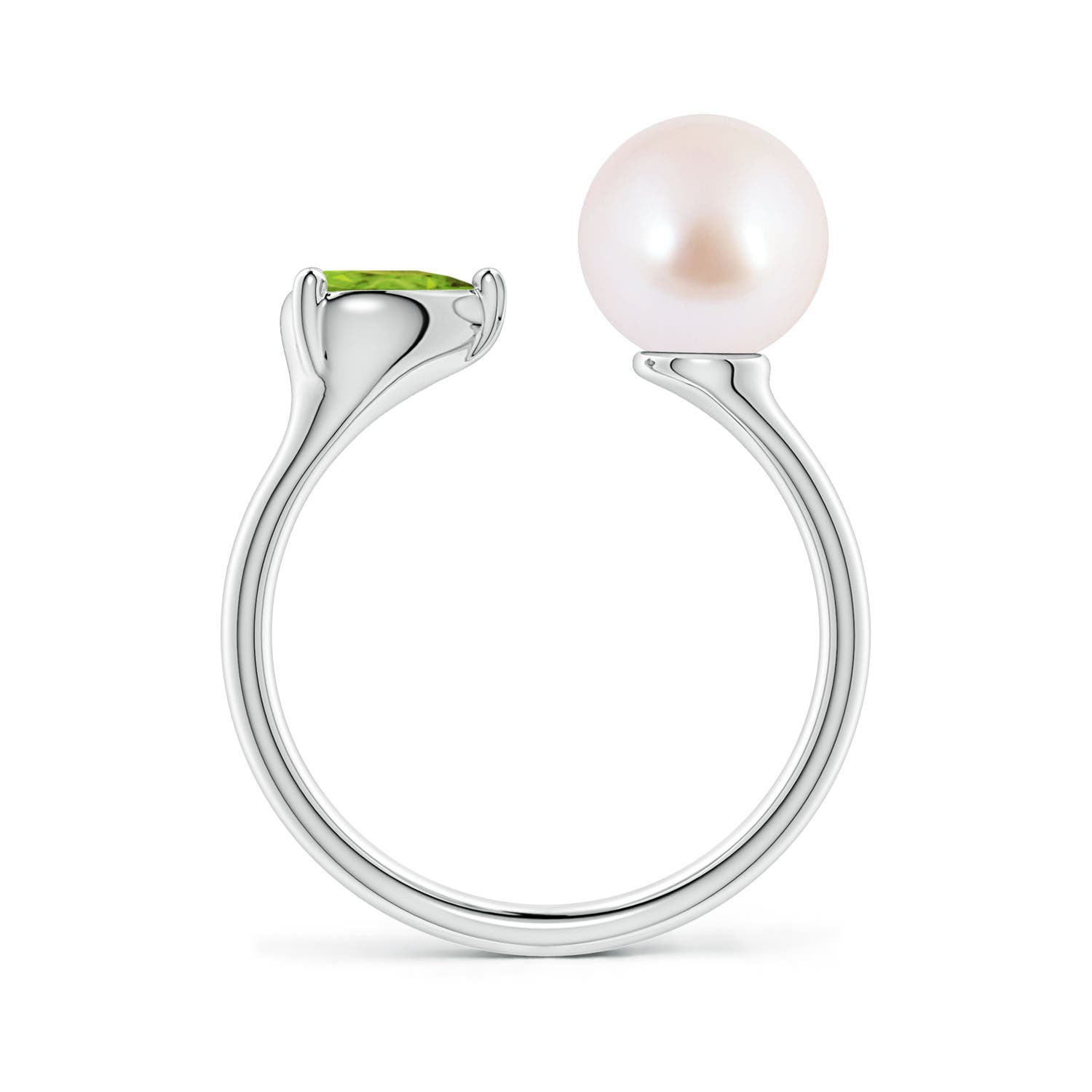 8mm AAA Akoya Pearl and Horizontal Pear Peridot Open Ring in White Gold