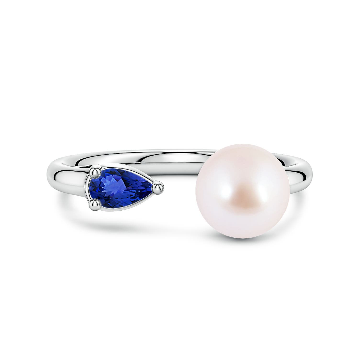 7mm AAA Akoya Pearl and Horizontal Pear Tanzanite Open Ring in 18CT White Gold