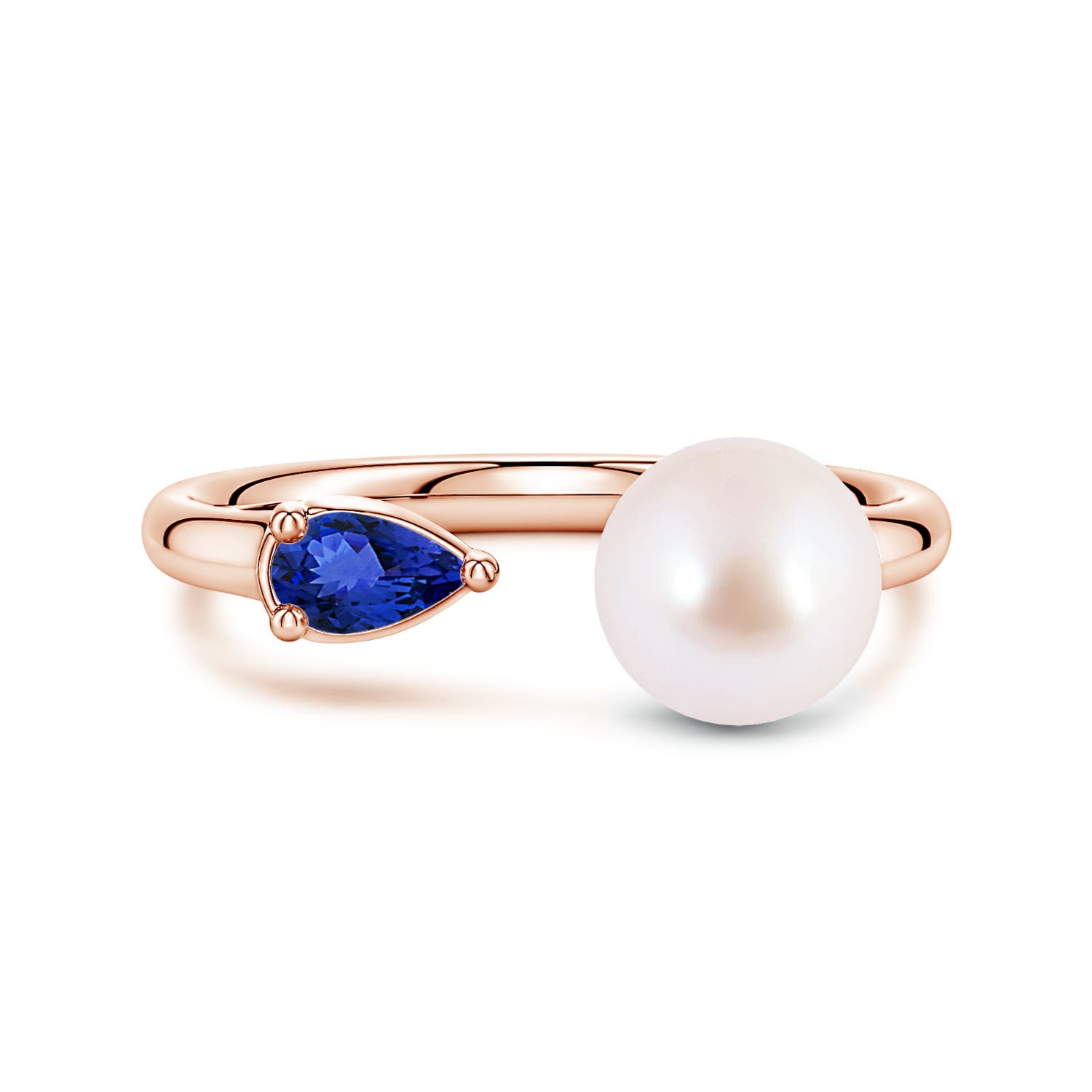 7mm AAA Akoya Pearl and Horizontal Pear Tanzanite Open Ring in Rose Gold