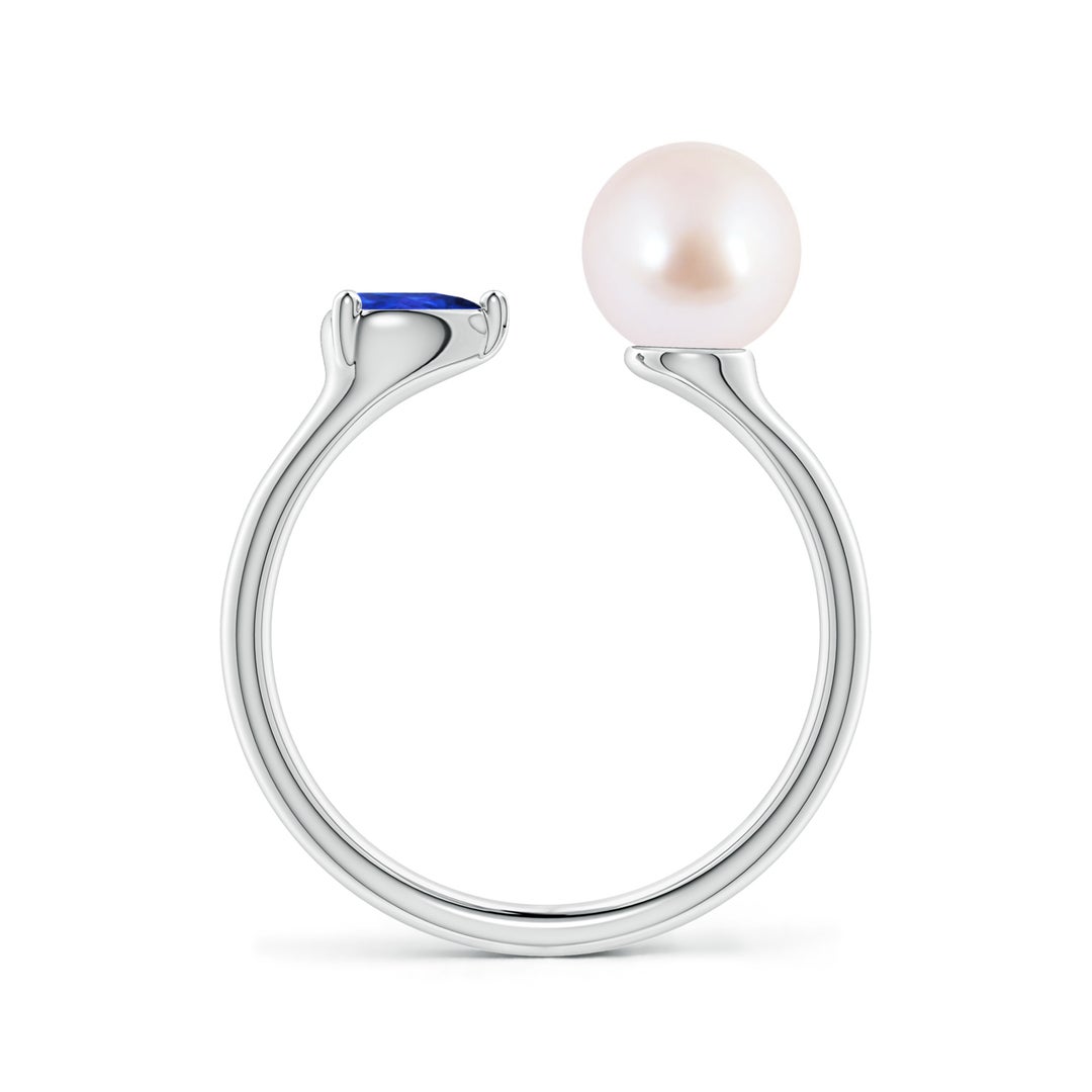 7mm AAA Akoya Pearl and Horizontal Pear Tanzanite Open Ring in White Gold - side 2