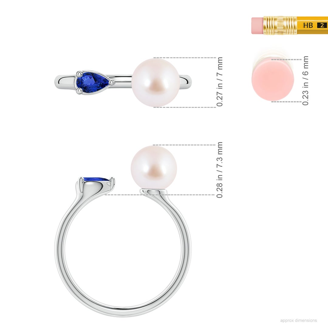 7mm AAA Akoya Pearl and Horizontal Pear Tanzanite Open Ring in White Gold - ruler