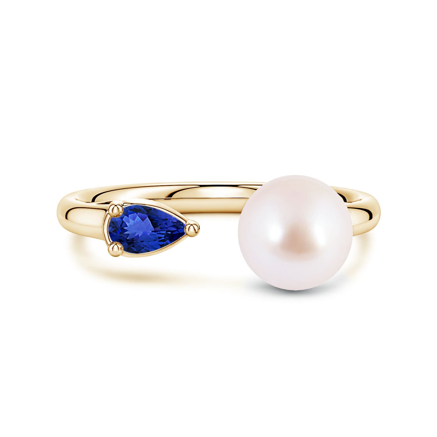 7mm AAA Akoya Pearl and Horizontal Pear Tanzanite Open Ring in Yellow Gold