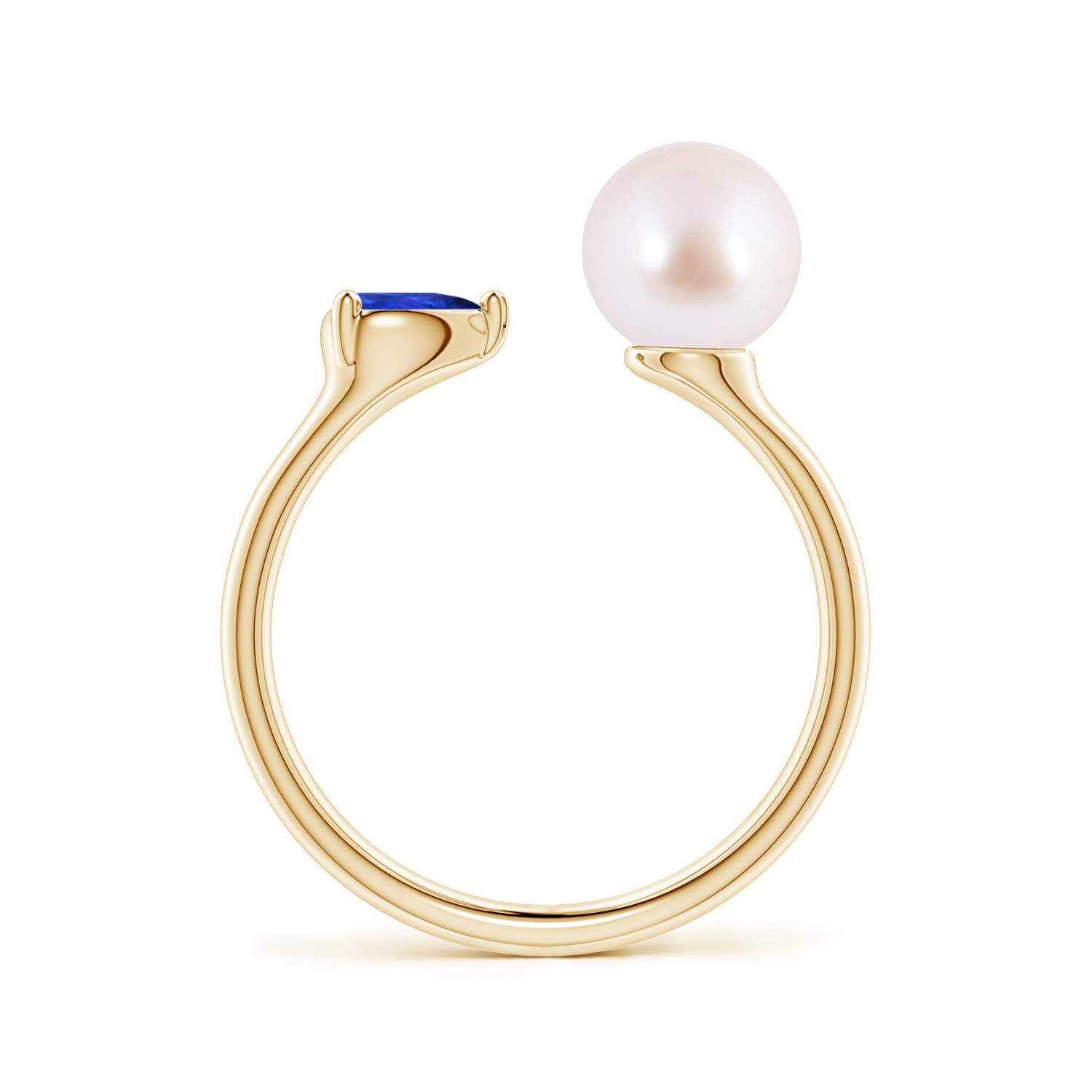 7mm AAA Akoya Pearl and Horizontal Pear Tanzanite Open Ring in Yellow Gold