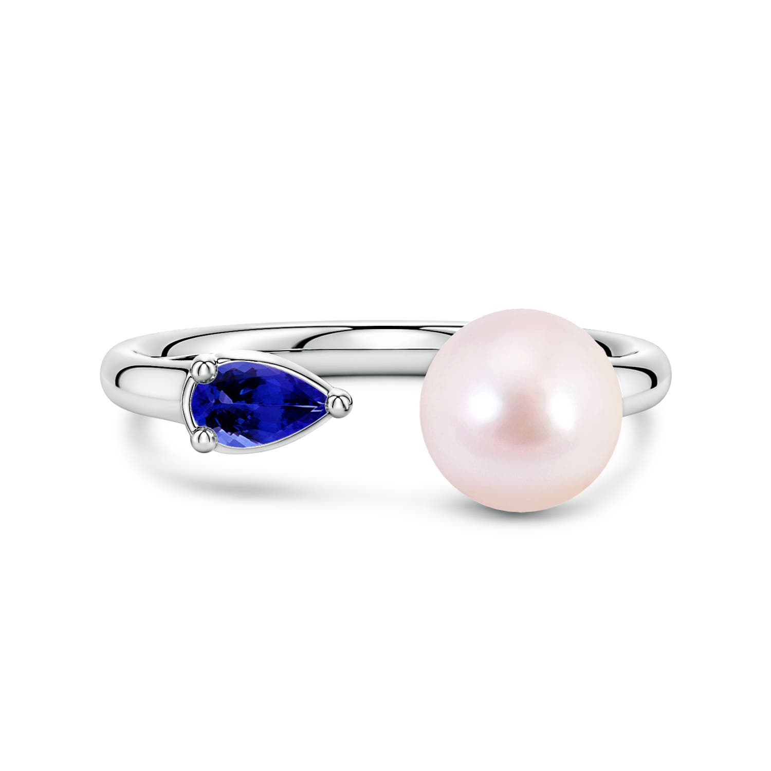 7mm AAAA Akoya Pearl and Horizontal Pear Tanzanite Open Ring in 18CT White Gold