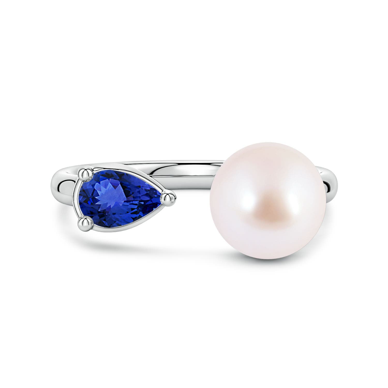 8mm AAA Akoya Pearl and Horizontal Pear Tanzanite Open Ring in 18K White Gold