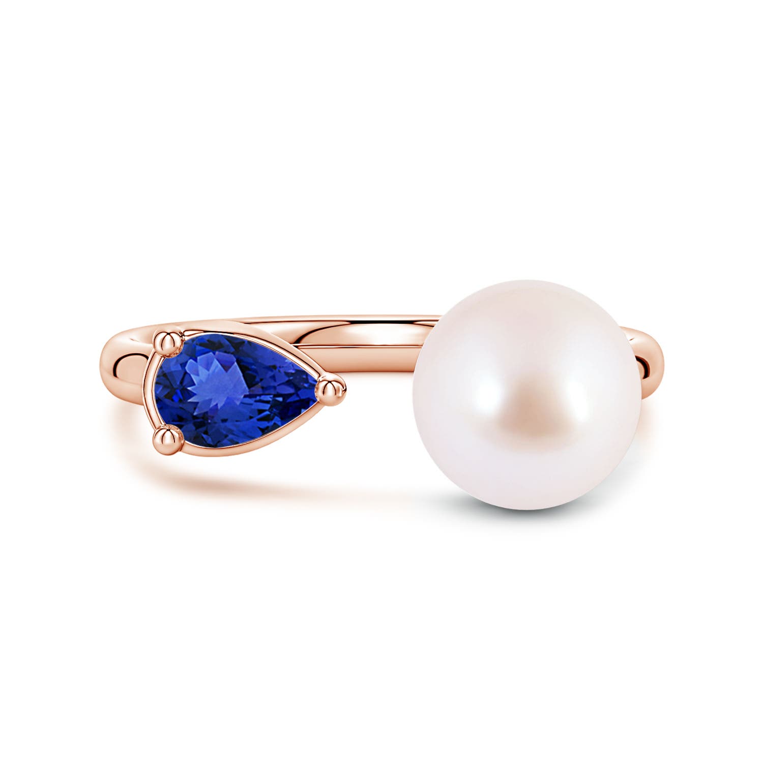 8mm AAA Akoya Pearl and Horizontal Pear Tanzanite Open Ring in Rose Gold