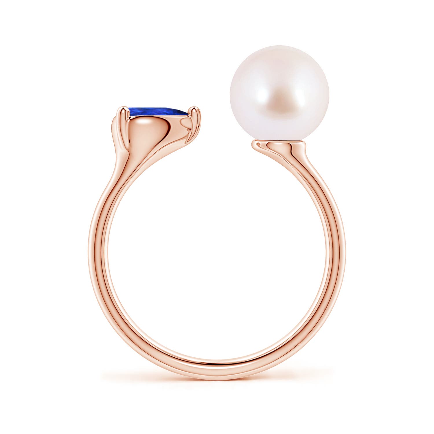 8mm AAA Akoya Pearl and Horizontal Pear Tanzanite Open Ring in Rose Gold
