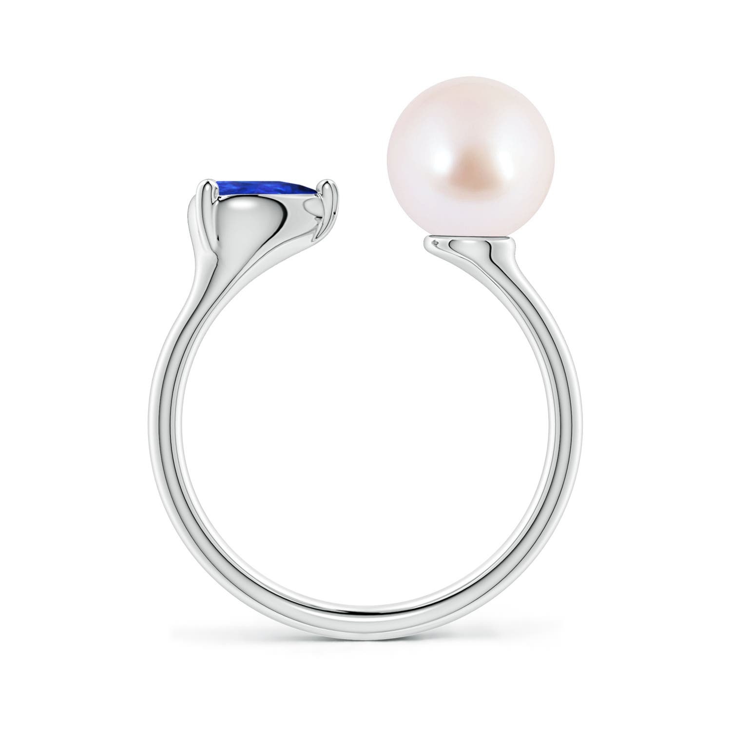 8mm AAA Akoya Pearl and Horizontal Pear Tanzanite Open Ring in White Gold