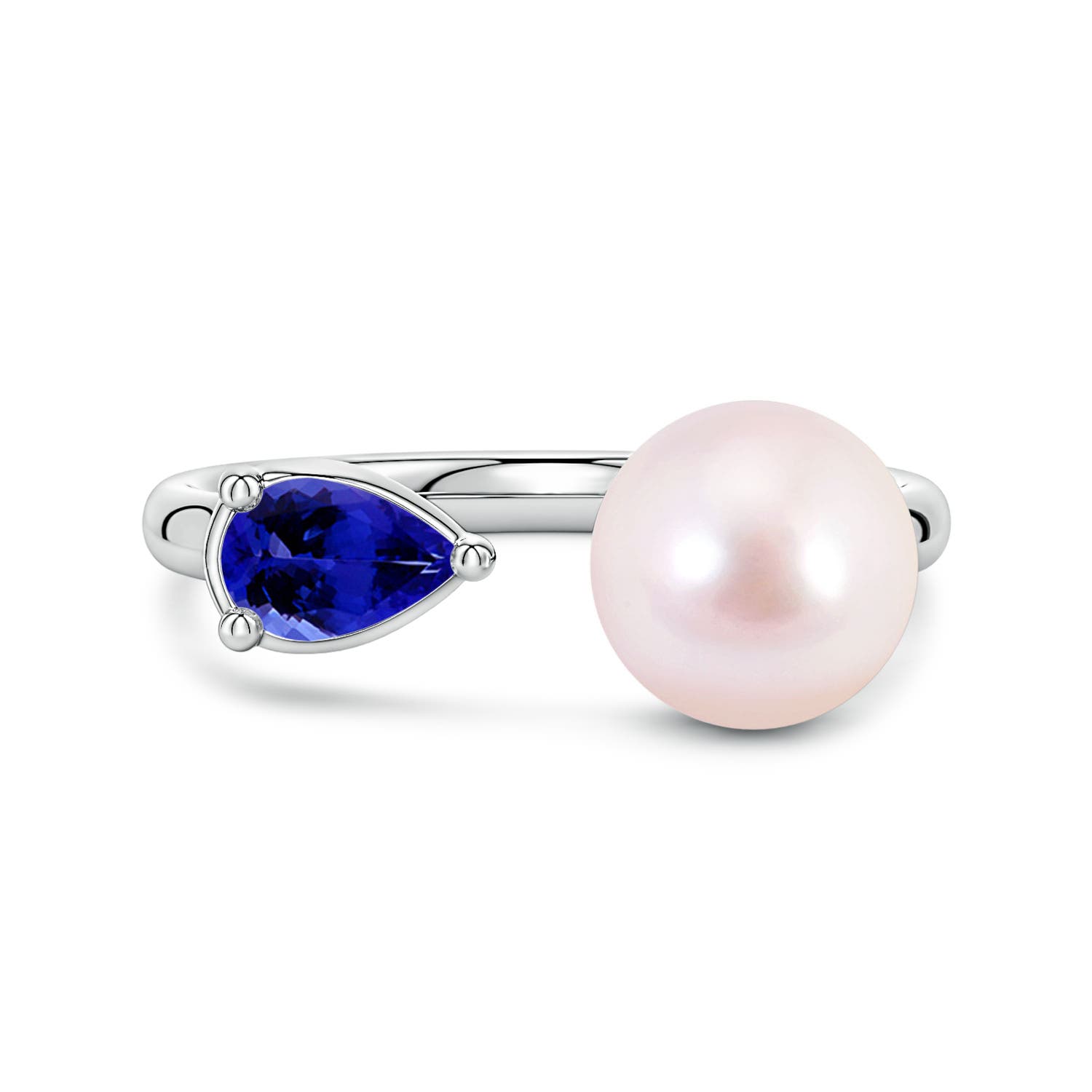 8mm AAAA Akoya Pearl and Horizontal Pear Tanzanite Open Ring in 18K White Gold