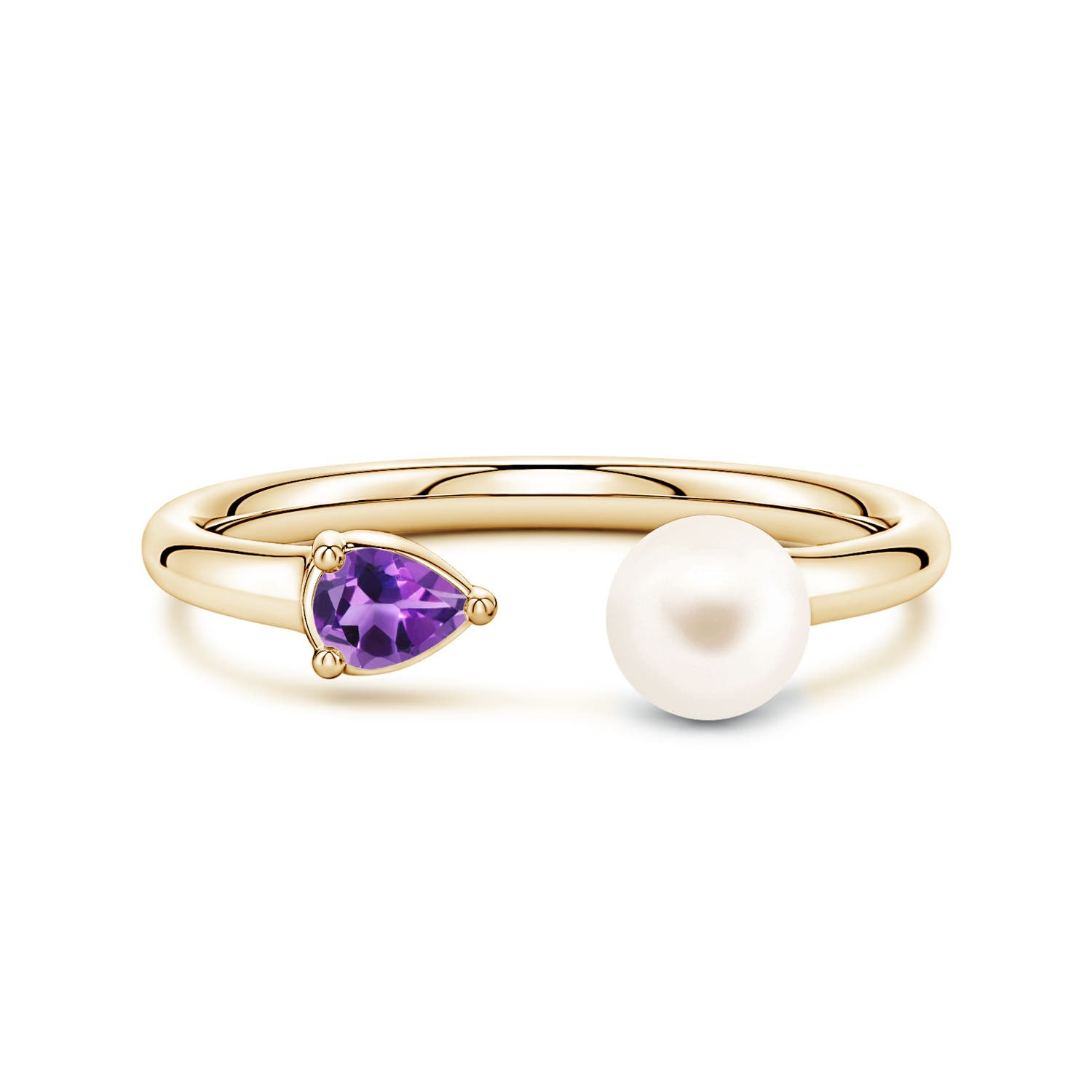 6mm AAA Freshwater Pearl and Horizontal Pear Amethyst Open Ring in Yellow Gold