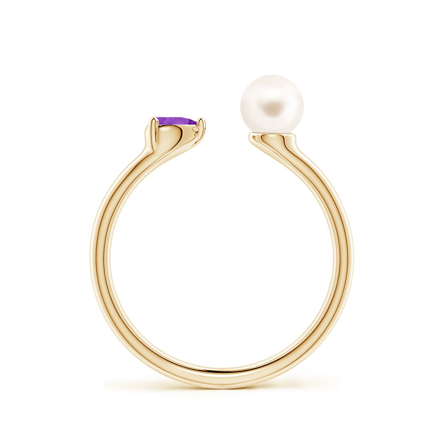 6mm AAA Freshwater Pearl and Horizontal Pear Amethyst Open Ring in Yellow Gold