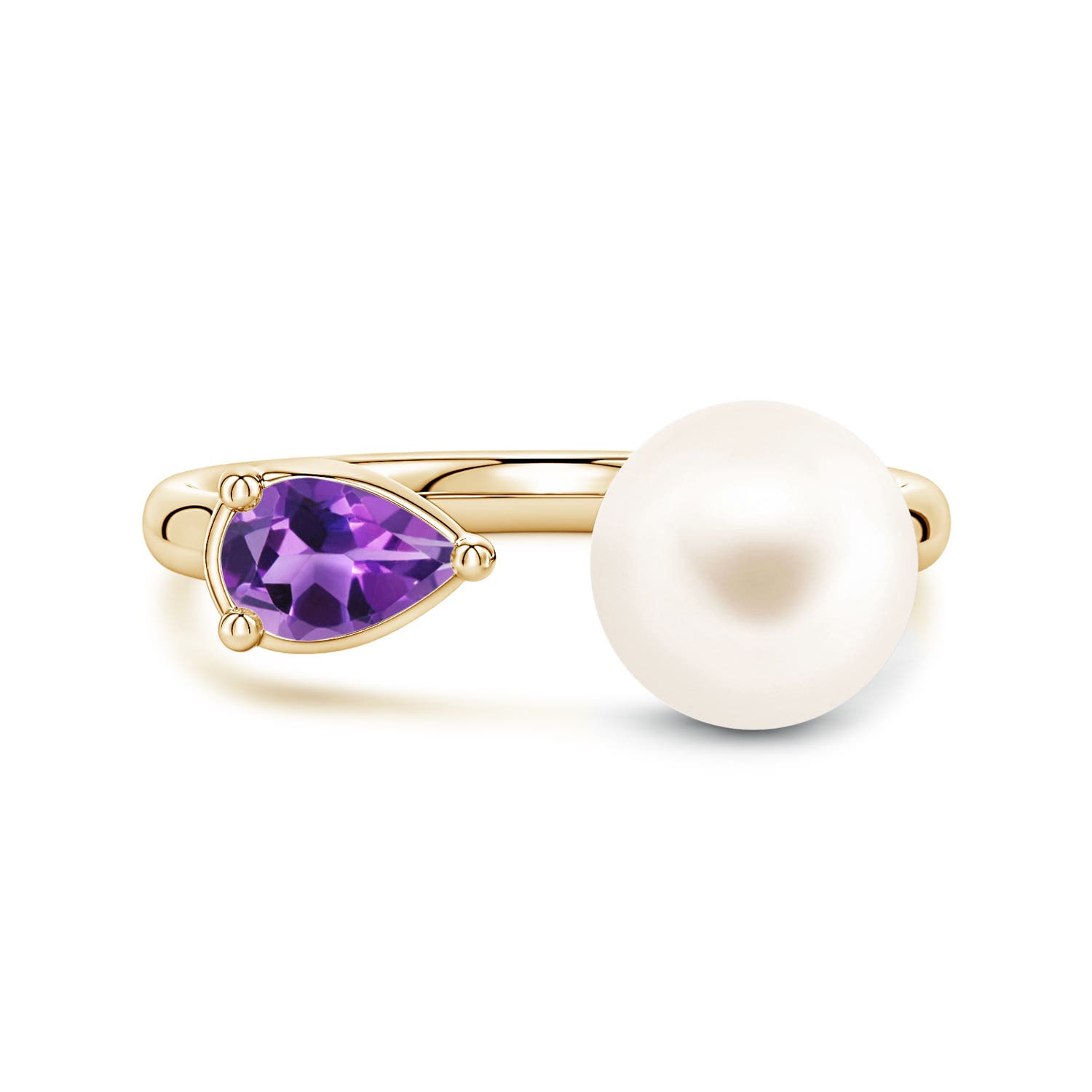 8mm AAA Freshwater Pearl and Horizontal Pear Amethyst Open Ring in 18K Yellow Gold