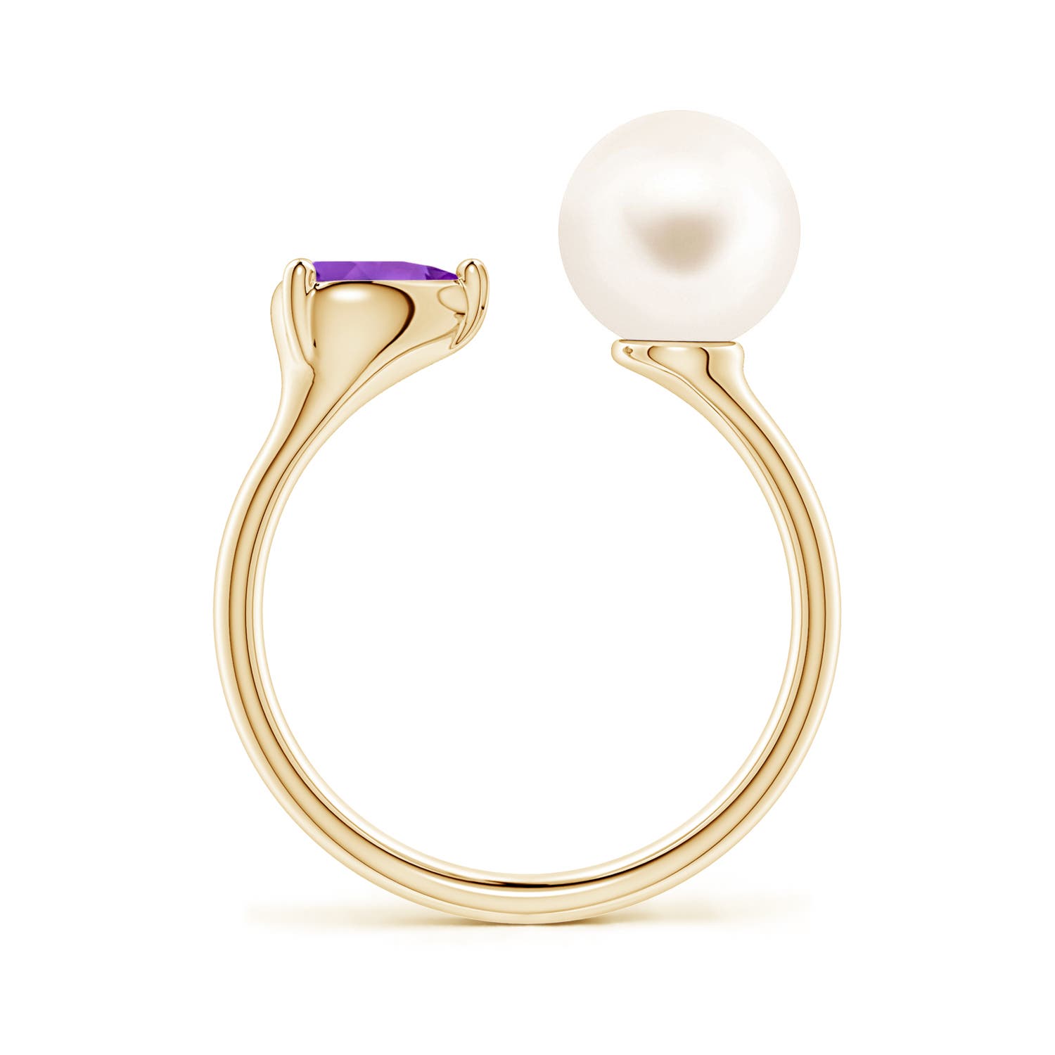 8mm AAA Freshwater Pearl and Horizontal Pear Amethyst Open Ring in 18K Yellow Gold