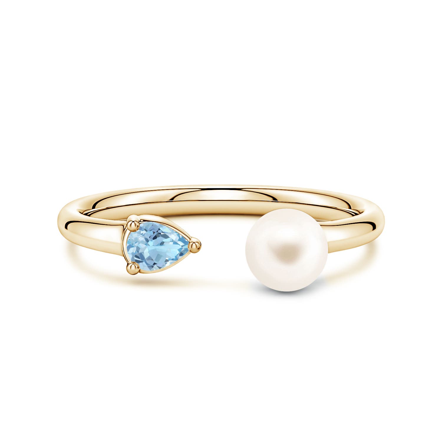 6mm AAA Freshwater Pearl and Horizontal Pear Aquamarine Open Ring in Yellow Gold
