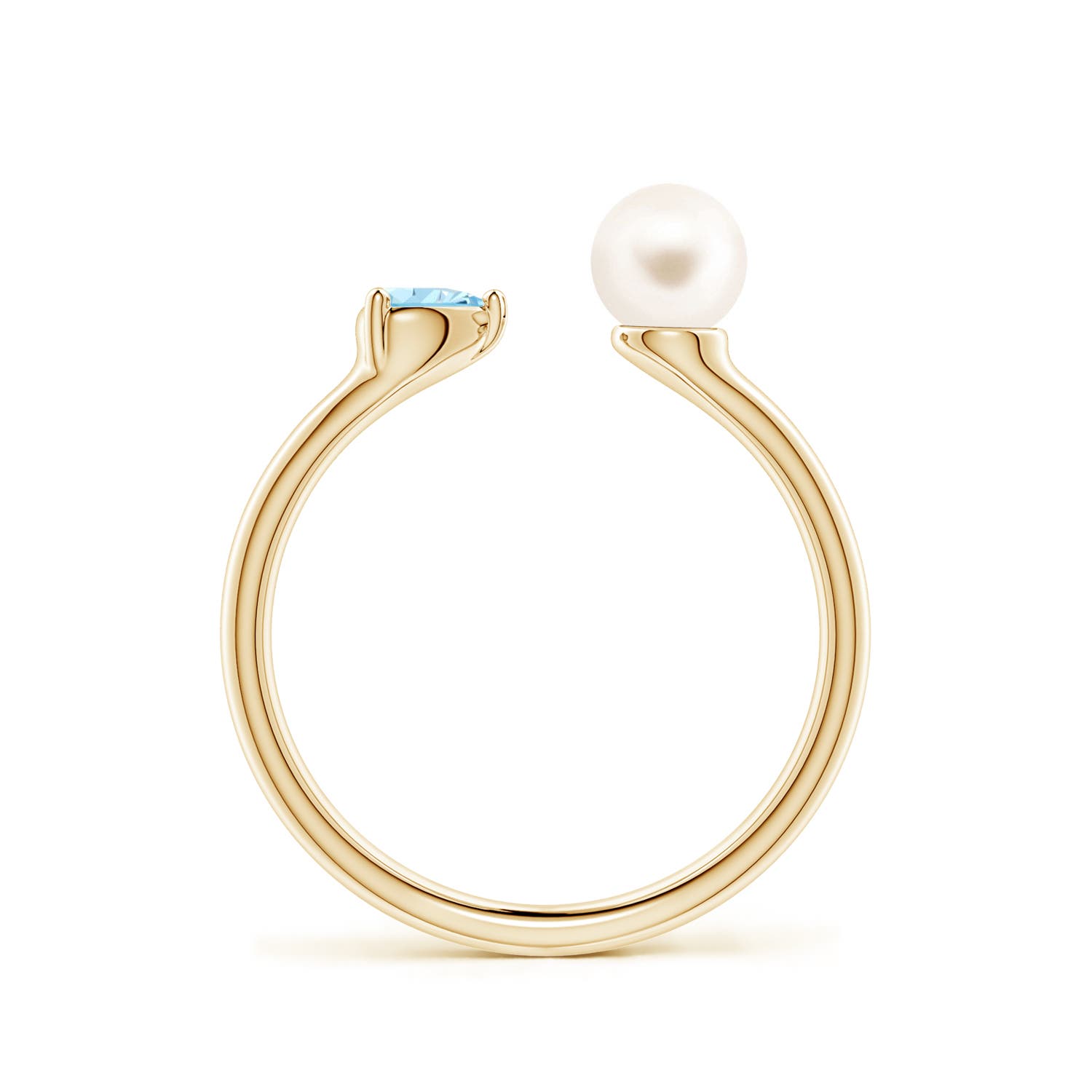 6mm AAA Freshwater Pearl and Horizontal Pear Aquamarine Open Ring in Yellow Gold