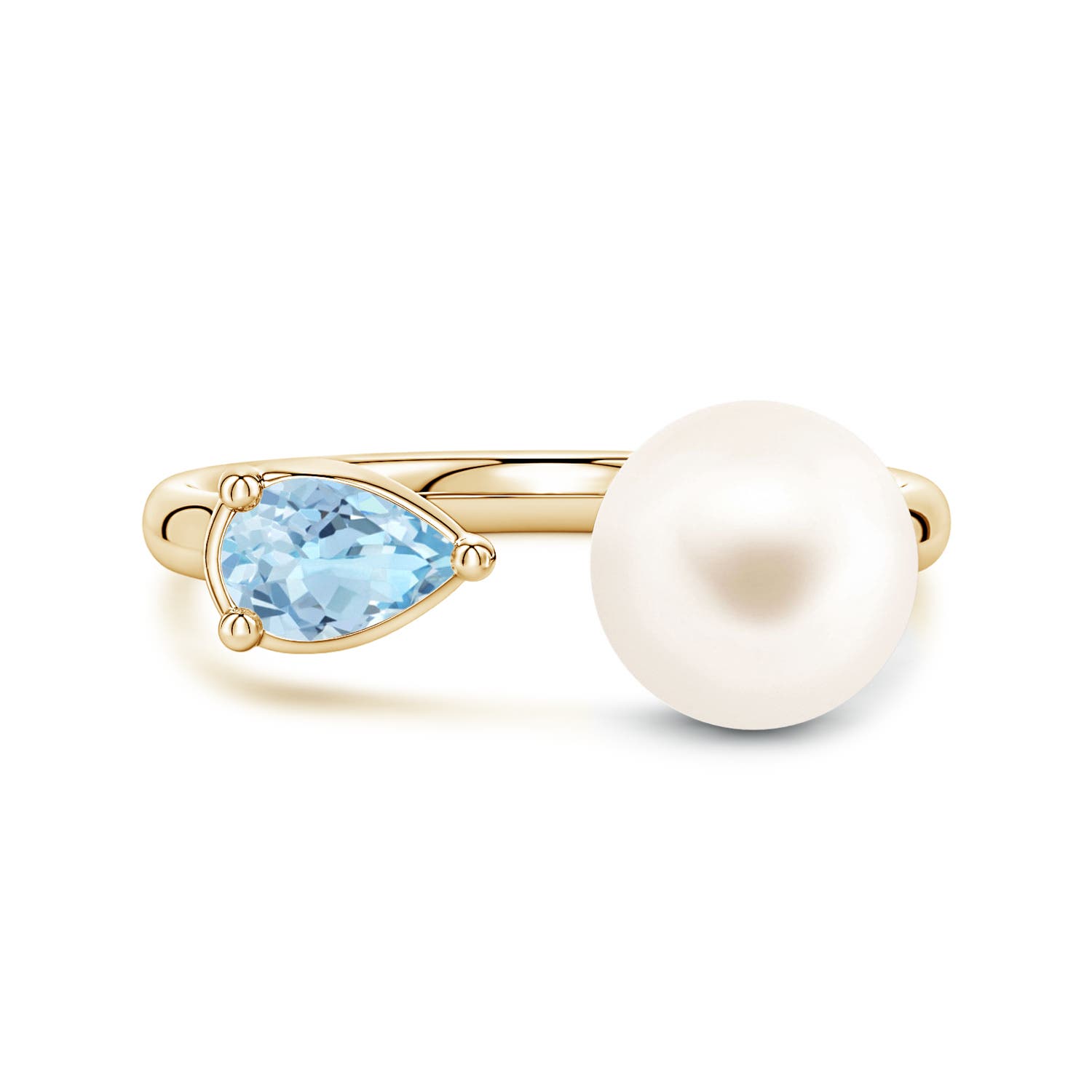 8mm AAA Freshwater Pearl and Horizontal Pear Aquamarine Open Ring in 18K Yellow Gold
