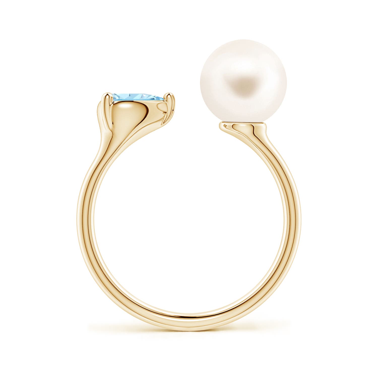 8mm AAA Freshwater Pearl and Horizontal Pear Aquamarine Open Ring in 18K Yellow Gold