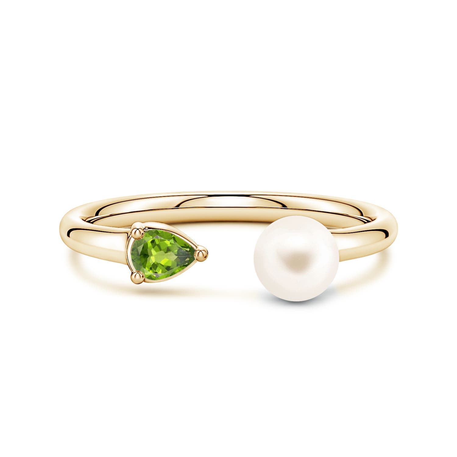 6mm AAA Freshwater Pearl and Horizontal Pear Peridot Open Ring in Yellow Gold