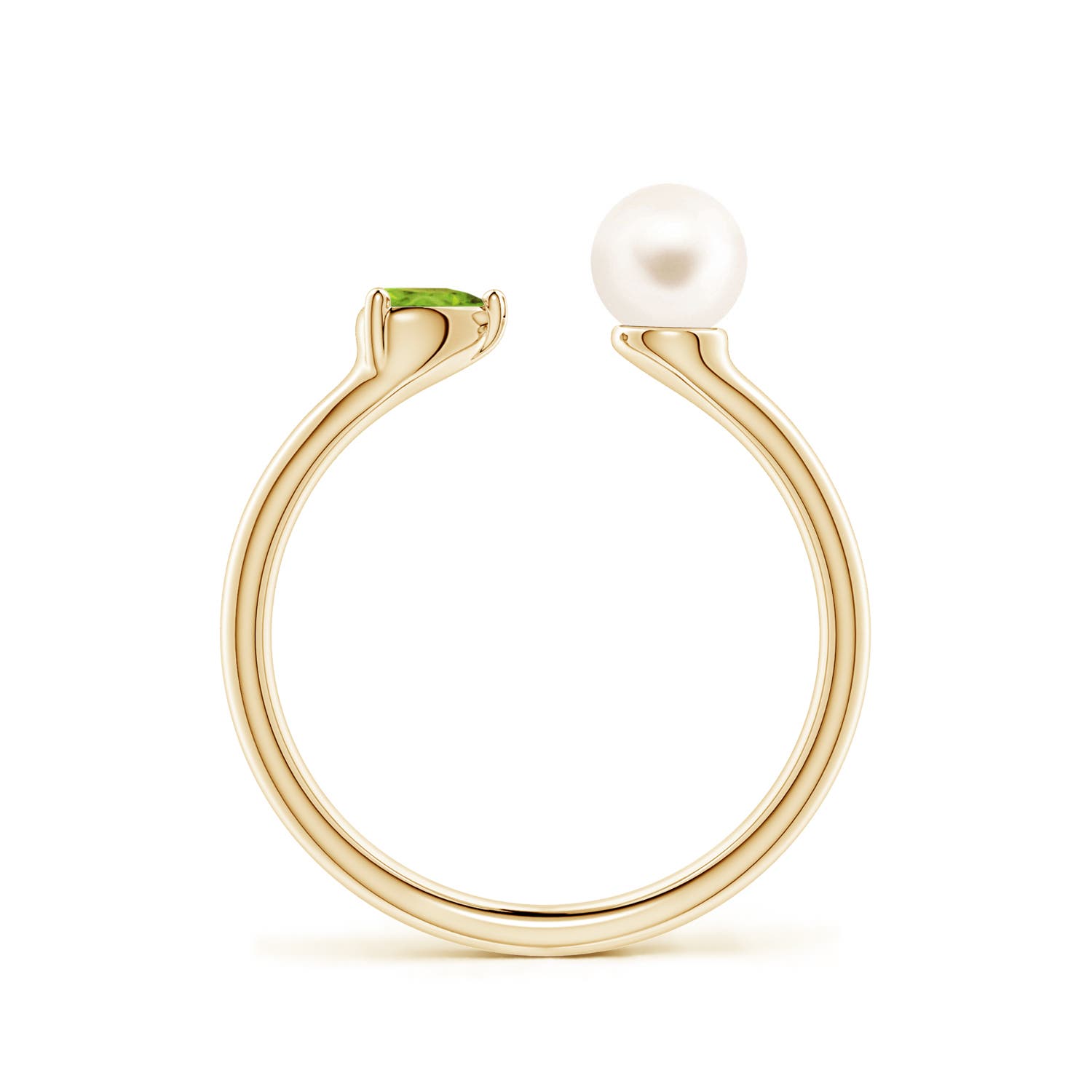 6mm AAA Freshwater Pearl and Horizontal Pear Peridot Open Ring in Yellow Gold