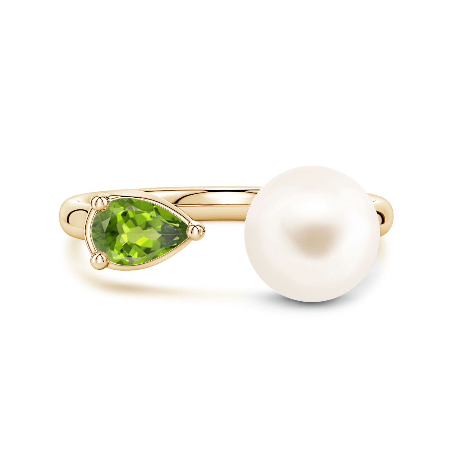 8mm AAA Freshwater Pearl and Horizontal Pear Peridot Open Ring in 18K Yellow Gold