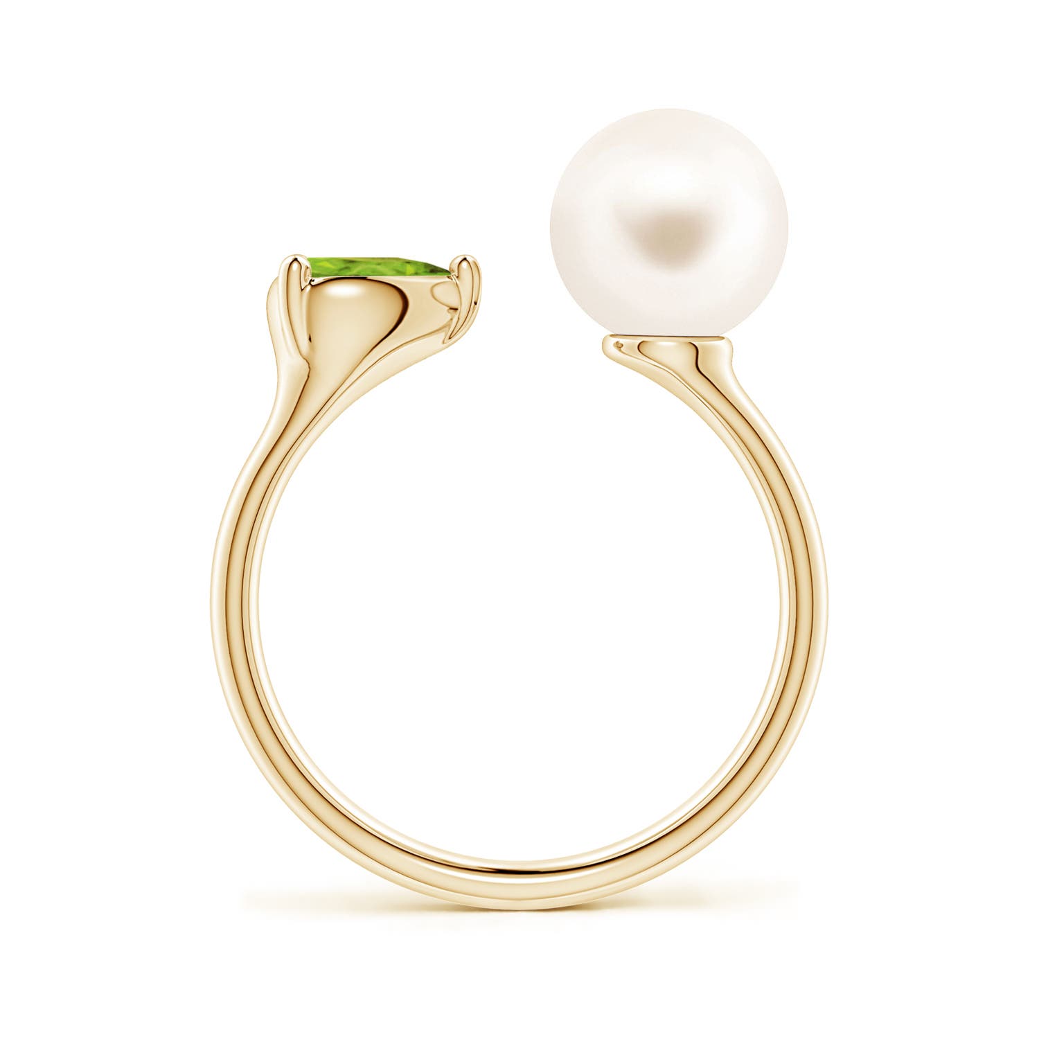 8mm AAA Freshwater Pearl and Horizontal Pear Peridot Open Ring in 18K Yellow Gold