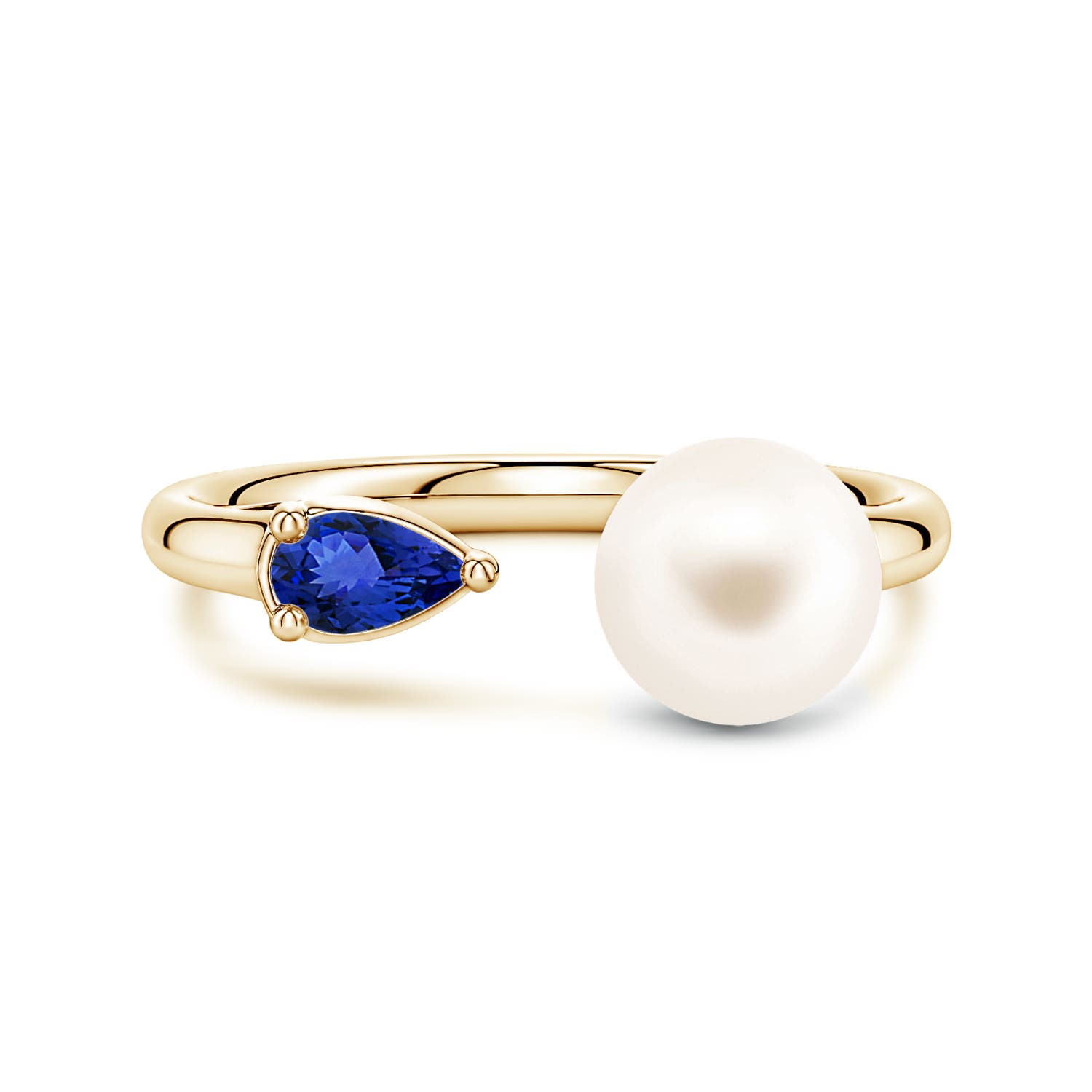 7mm AAA Freshwater Pearl and Horizontal Pear Tanzanite Open Ring in Yellow Gold