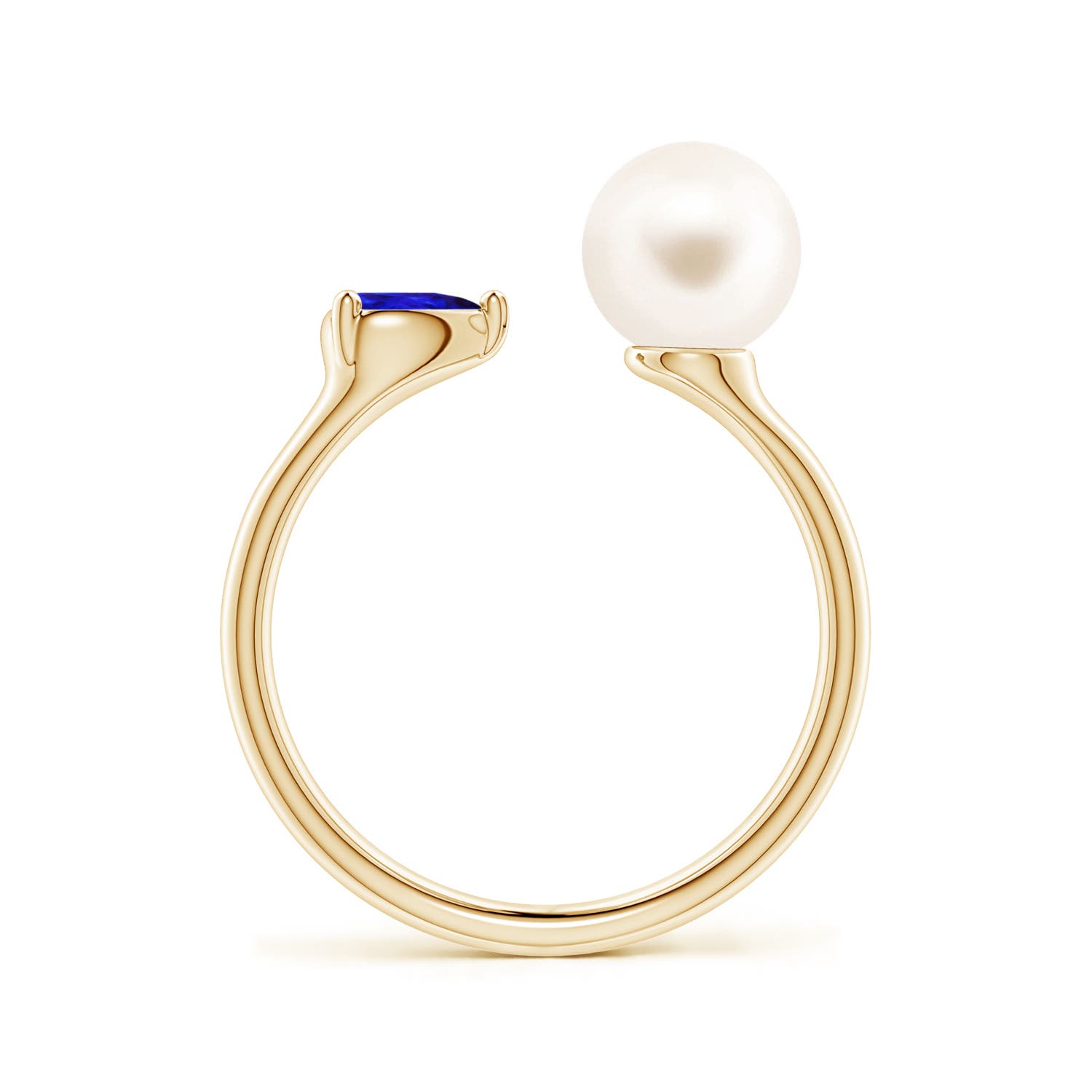 7mm AAA Freshwater Pearl and Horizontal Pear Tanzanite Open Ring in Yellow Gold