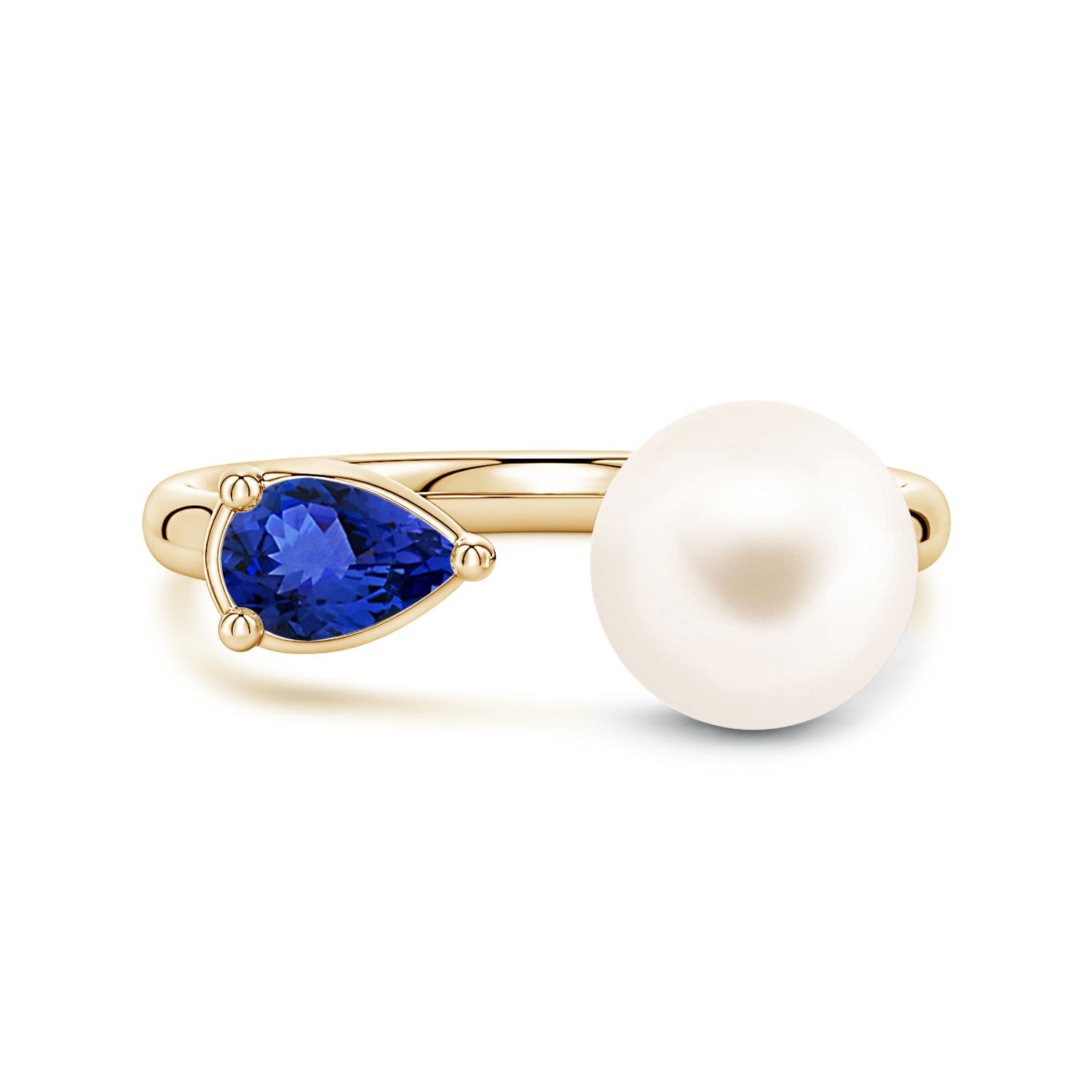 8mm AAA Freshwater Pearl and Horizontal Pear Tanzanite Open Ring in 18K Yellow Gold
