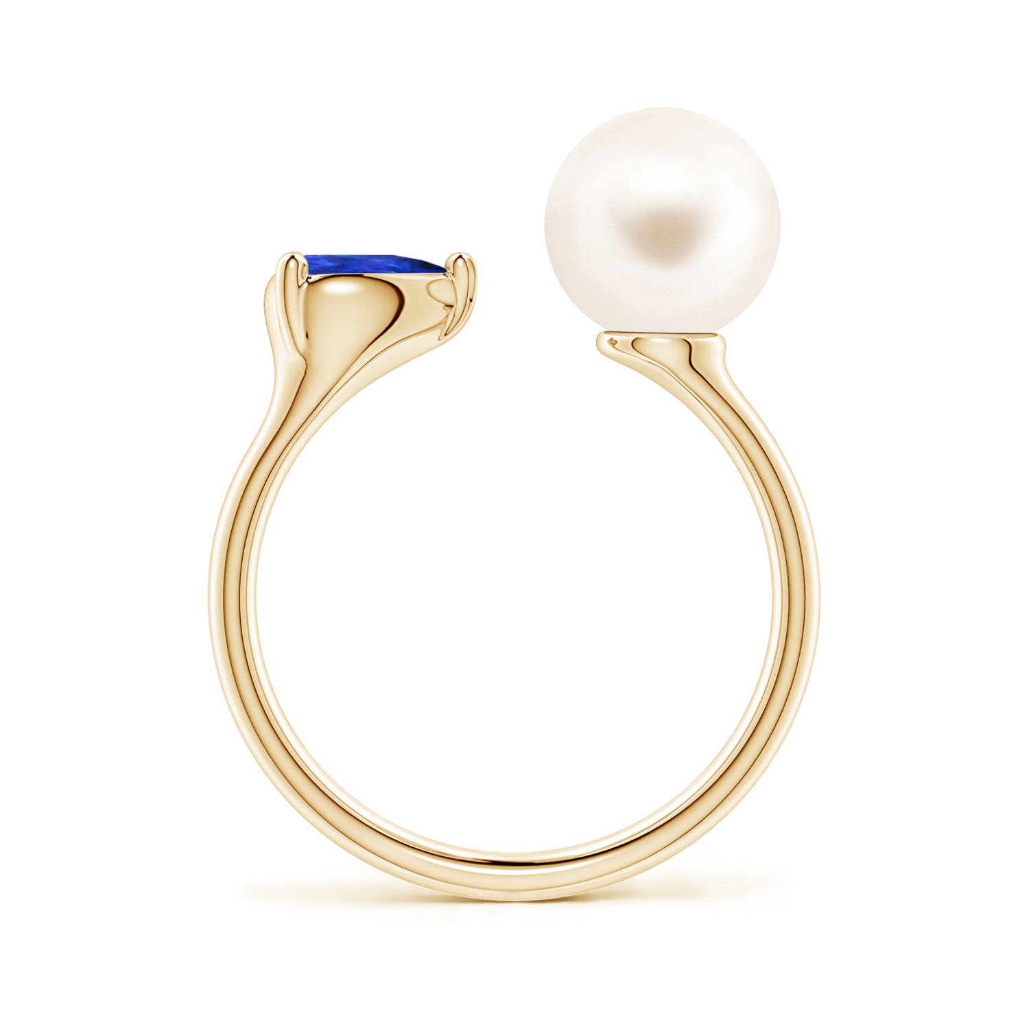 8mm AAA Freshwater Pearl and Horizontal Pear Tanzanite Open Ring in 18K Yellow Gold