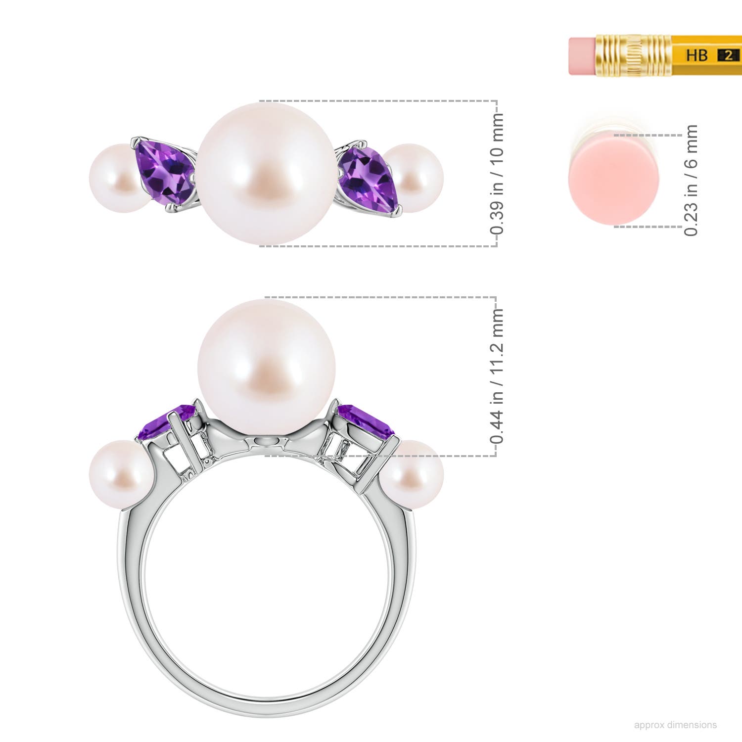 10mm AAA Akoya Pearl and Tilted Pear Amethyst Tapered Shank Ring in White Gold - ruler