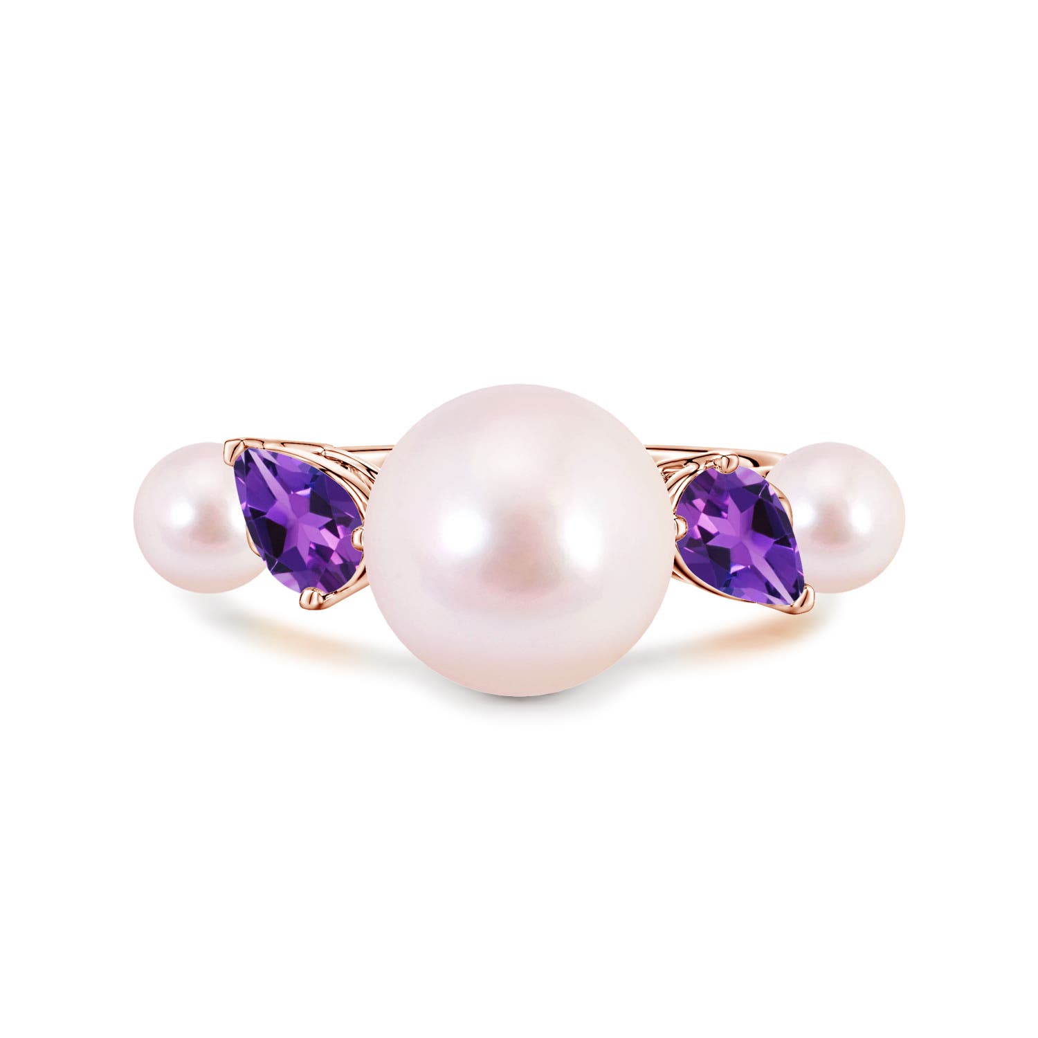 10mm AAAA Akoya Pearl and Tilted Pear Amethyst Tapered Shank Ring in Rose Gold