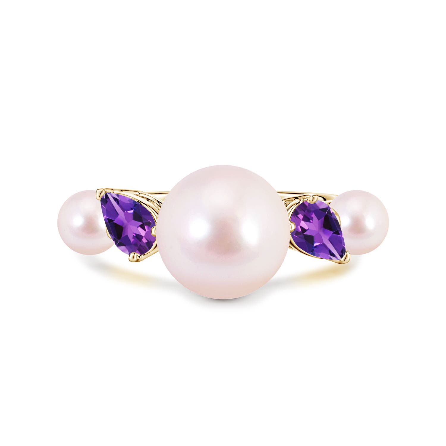 10mm AAAA Akoya Pearl and Tilted Pear Amethyst Tapered Shank Ring in Yellow Gold