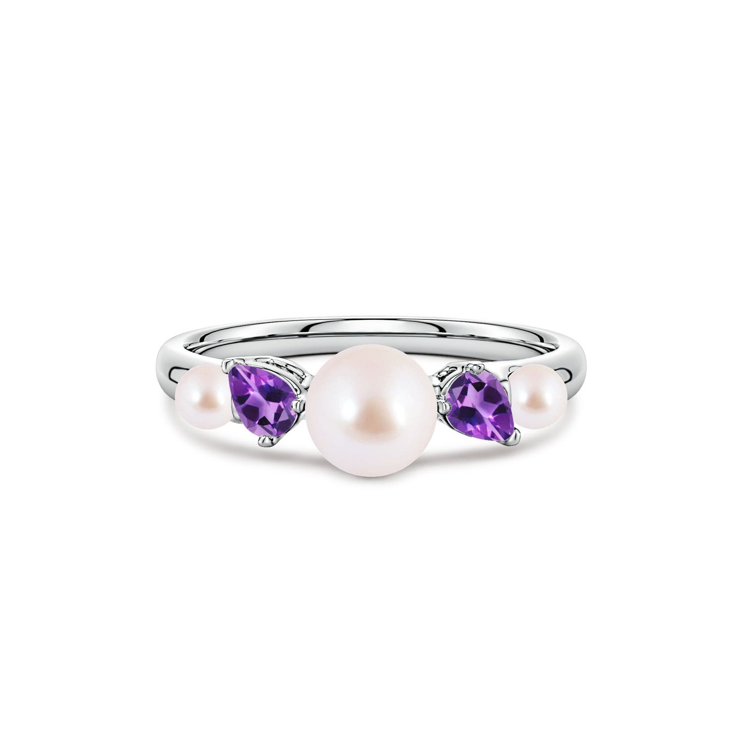 6mm AAA Akoya Pearl and Tilted Pear Amethyst Tapered Shank Ring in 18CT White Gold