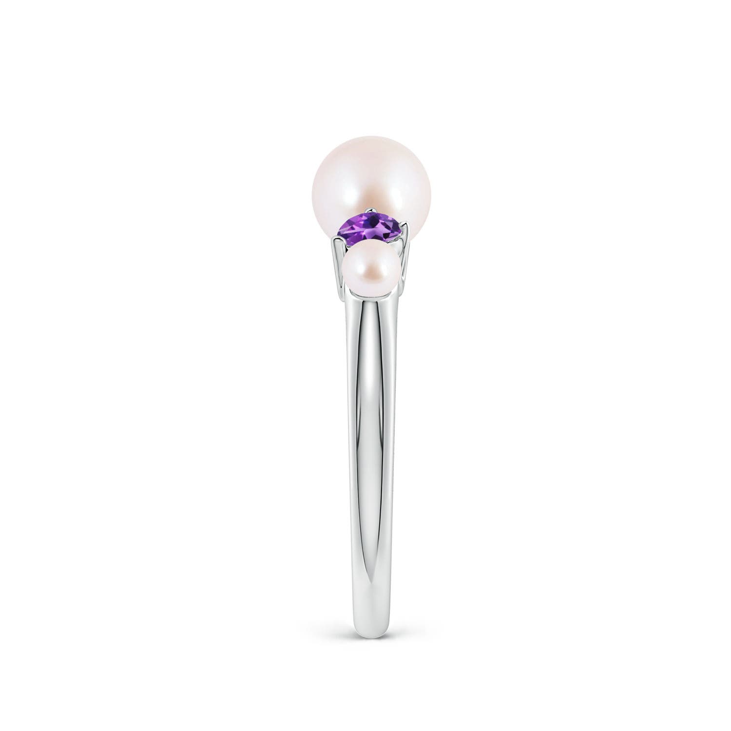 6mm AAA Akoya Pearl and Tilted Pear Amethyst Tapered Shank Ring in White Gold - side 3