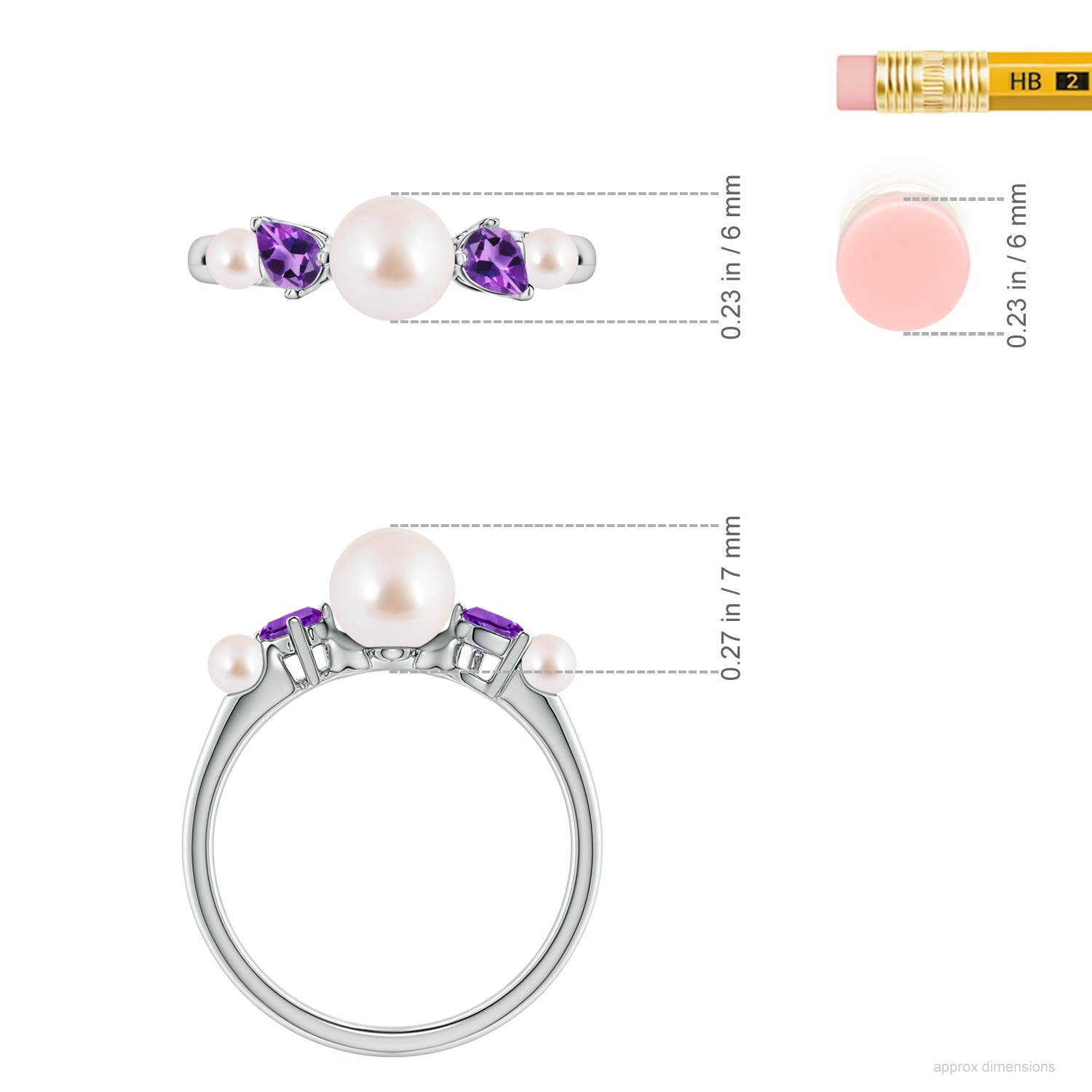 6mm AAA Akoya Pearl and Tilted Pear Amethyst Tapered Shank Ring in White Gold - ruler