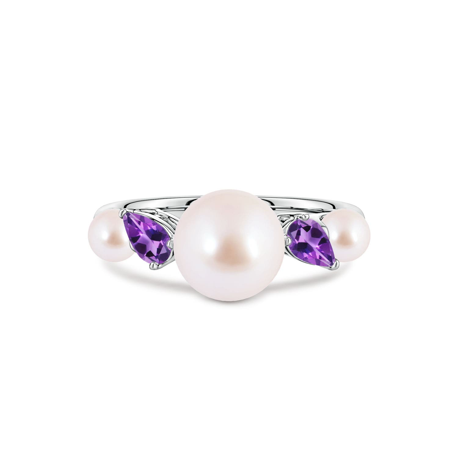 8mm AAA Akoya Pearl and Tilted Pear Amethyst Tapered Shank Ring in 18K White Gold